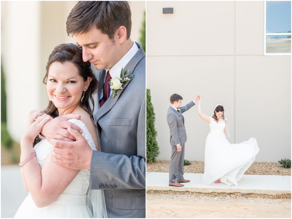 groom twirls bride around during wedding portraits