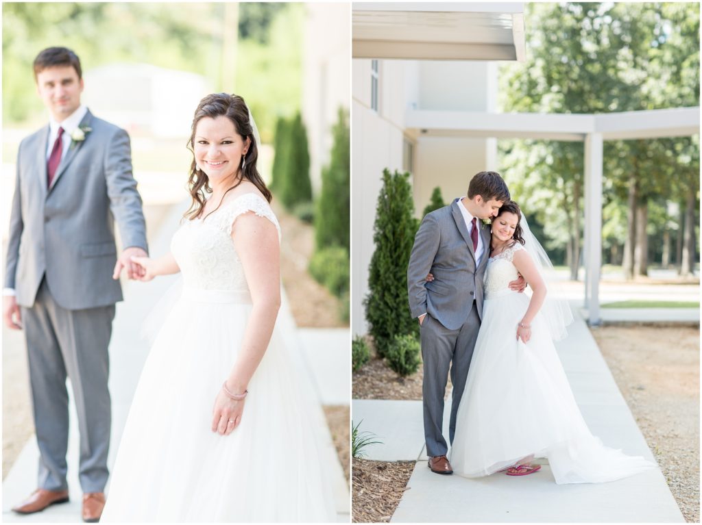 groom twirls bride around during wedding portraits