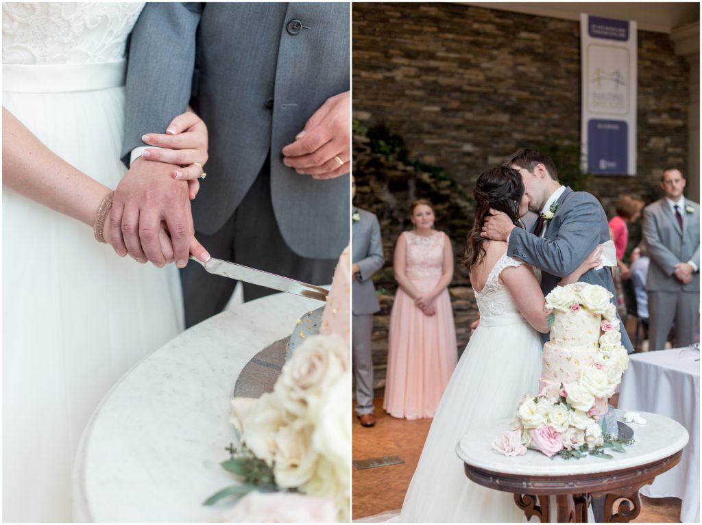 bride + groom cut wedding cake in Greenville SC wedding reception