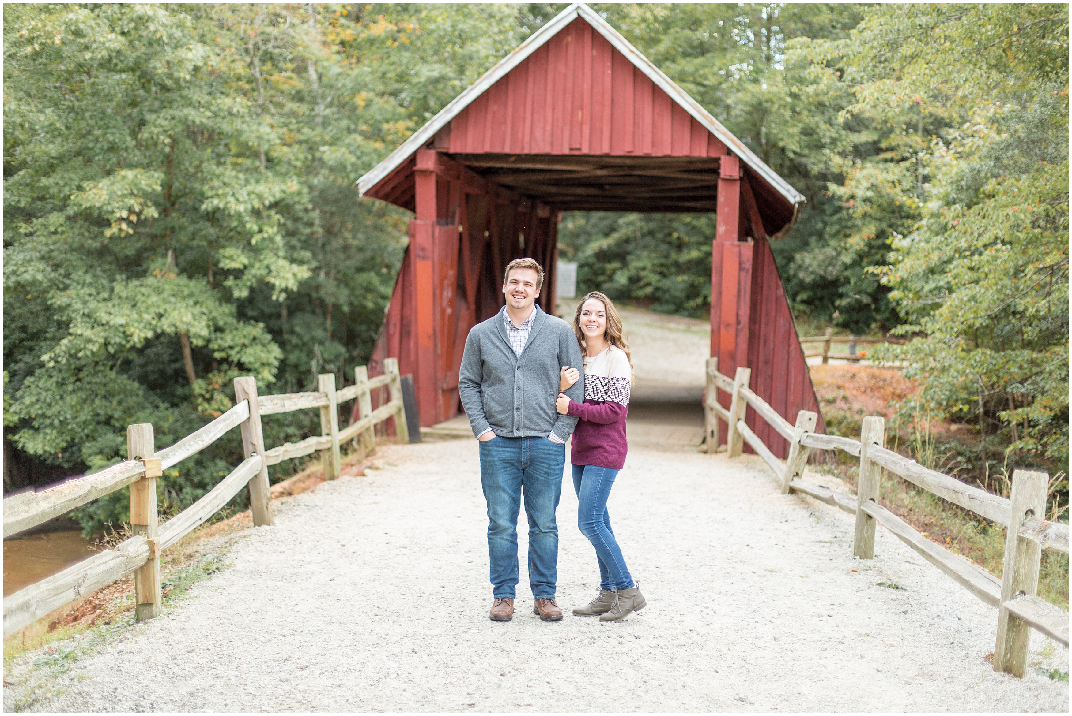 couple by covered bridge in Greenville SC