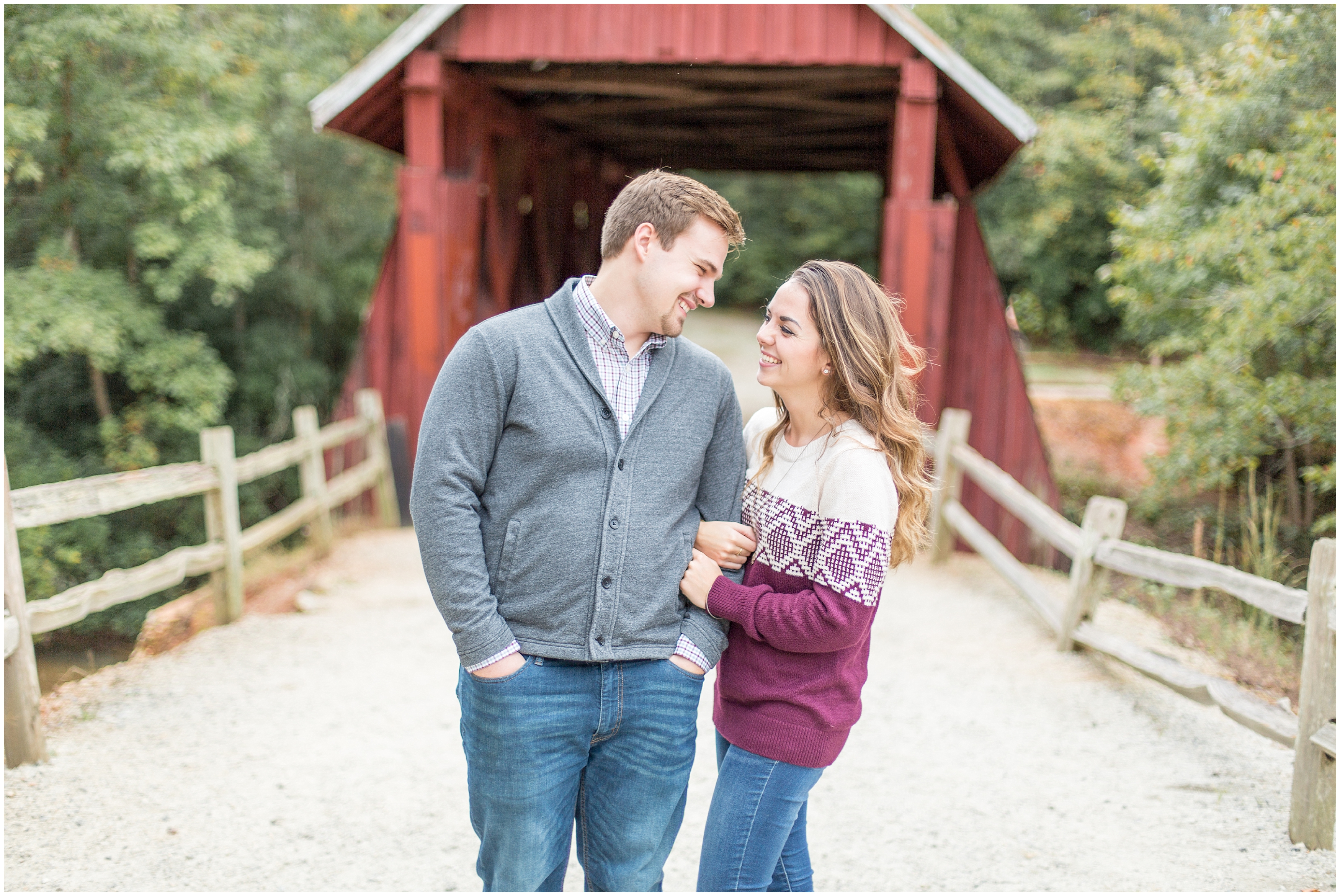 couple by Campbell’s Covered Bridge In Greenville SC for engagement photos