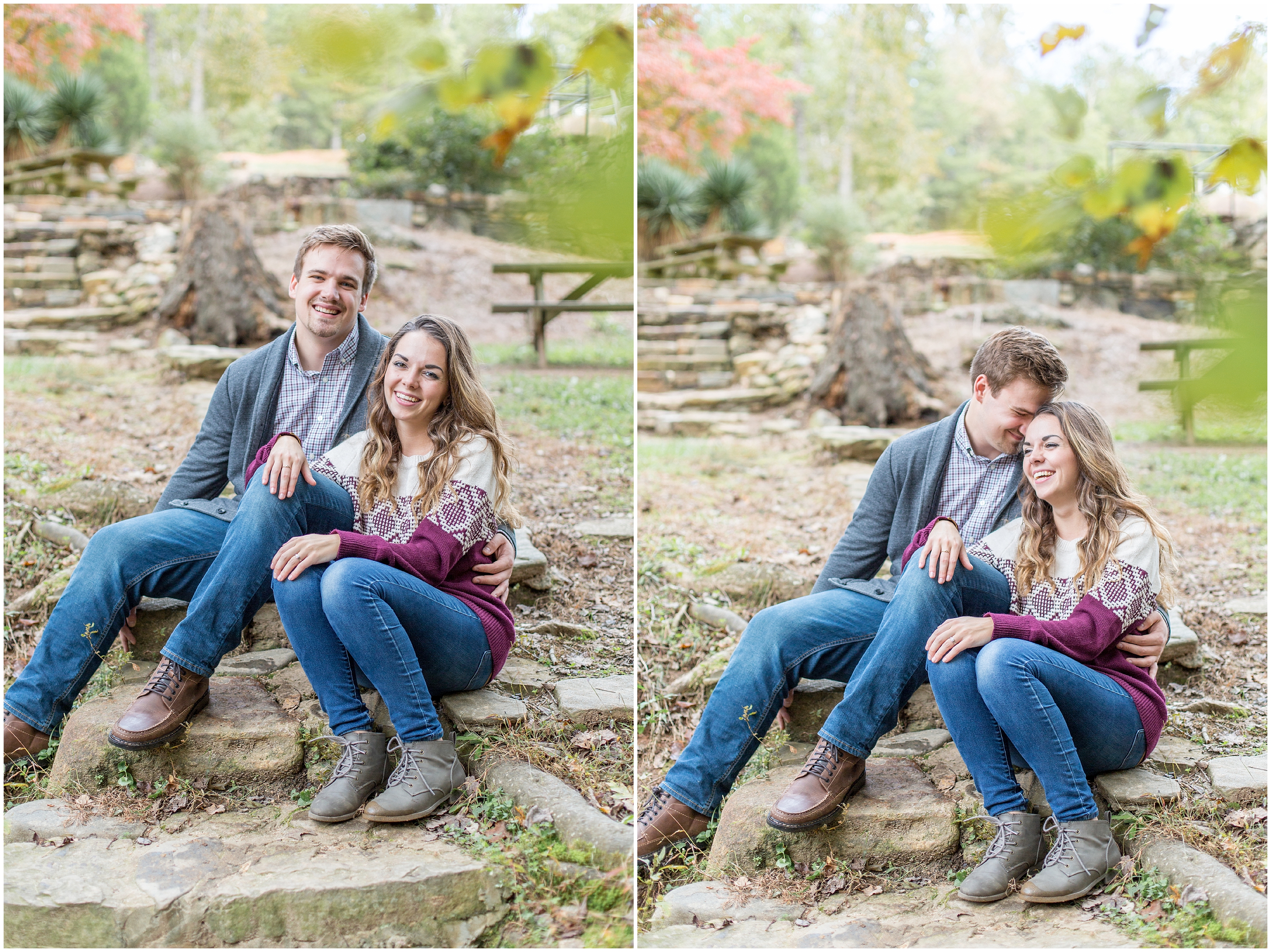 souple sits on rocks during  covered Bridge engagement session in SC 