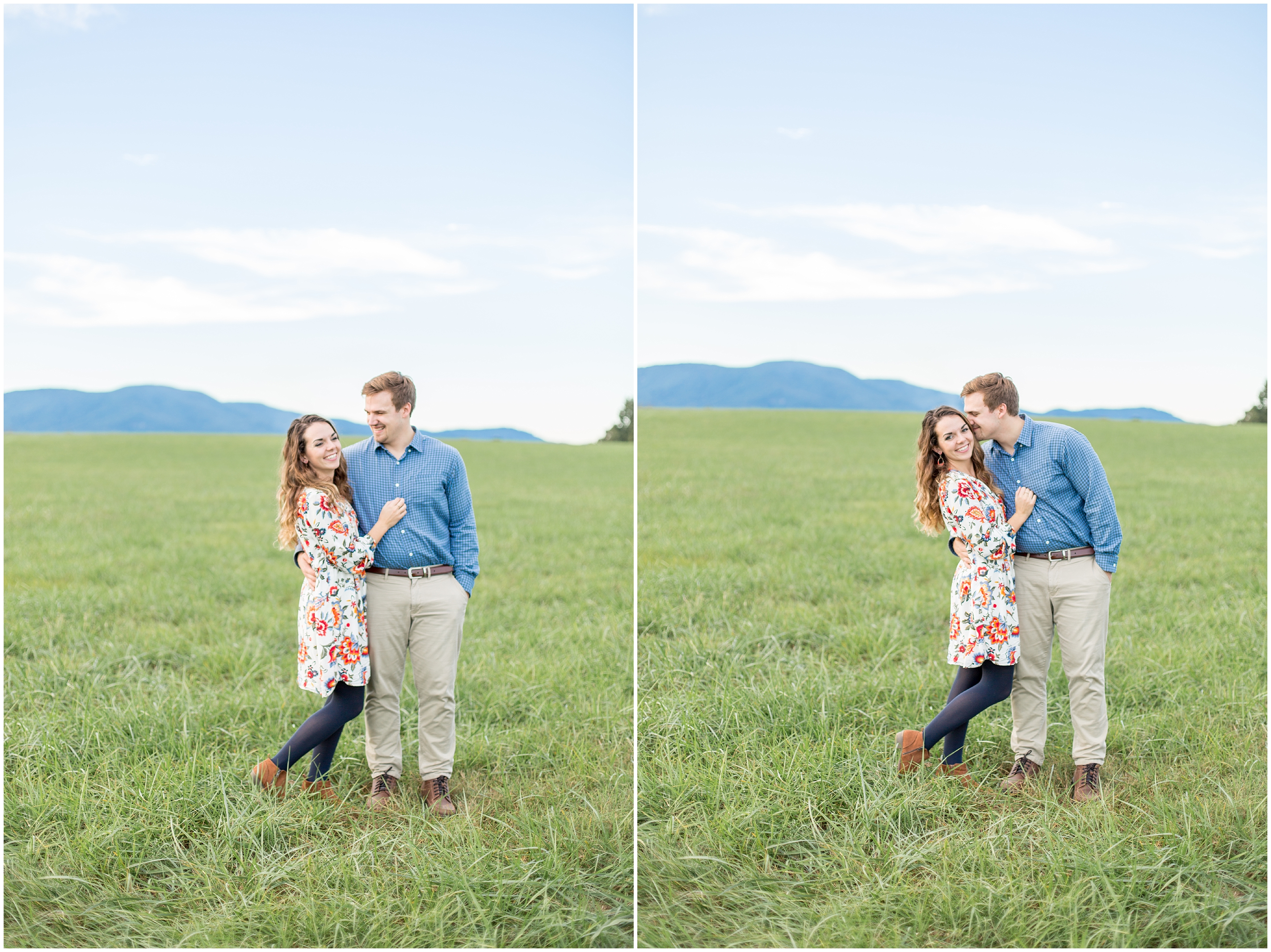 couple stand in open field with blue skies during  covered Bridge engagement session