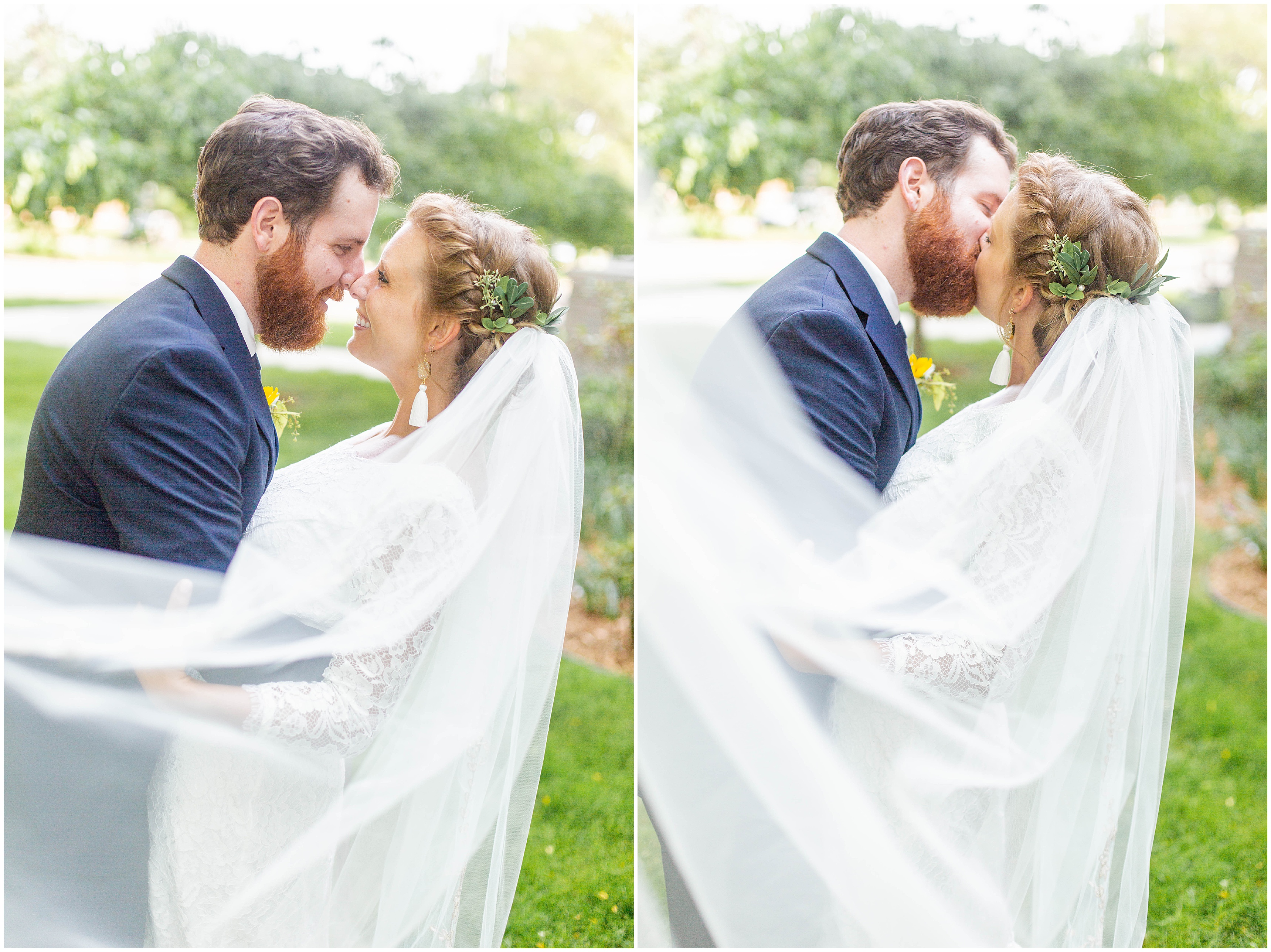 bride + groom kiss with veil flowing around them  during Detroit Mi wedding
