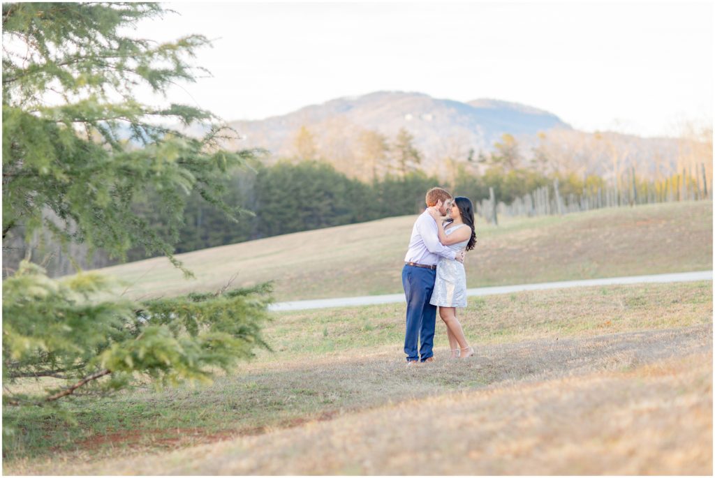 couple kiss in field of SC with mountains in the background during Hotel Domestique engagement session 