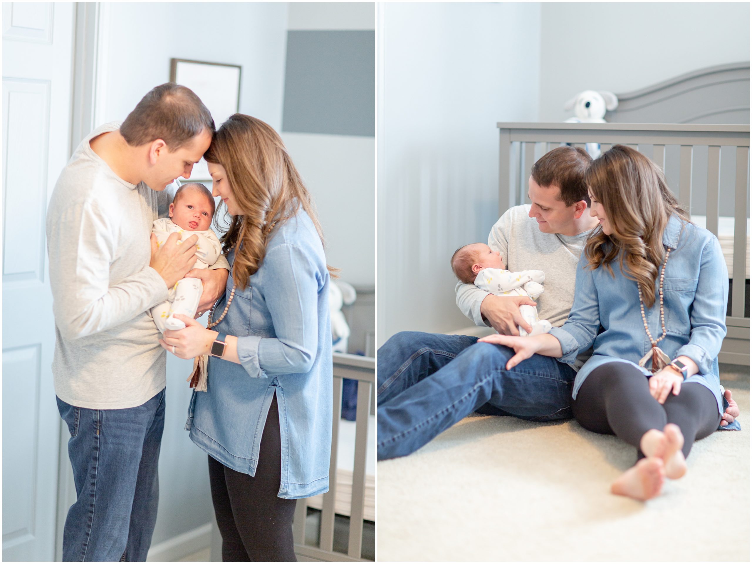 mom and dad hold their son in nursery during GA newborn session