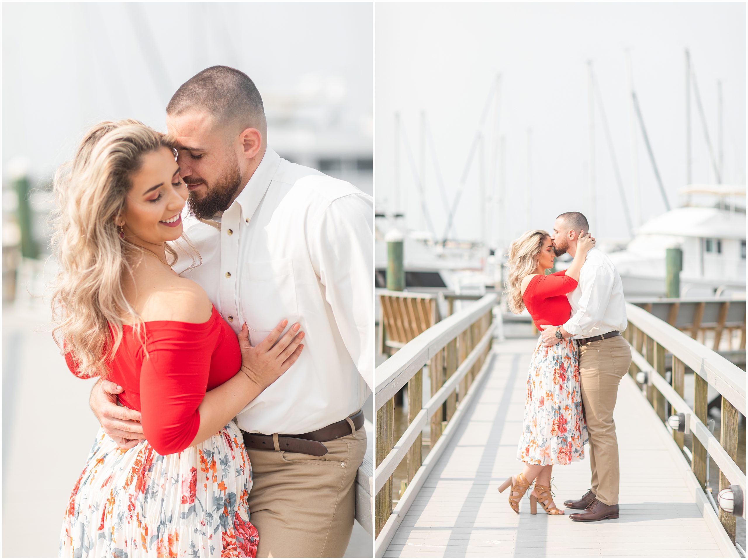 Waterfront Engagement Session in Charleston with couple posing on marina walkway