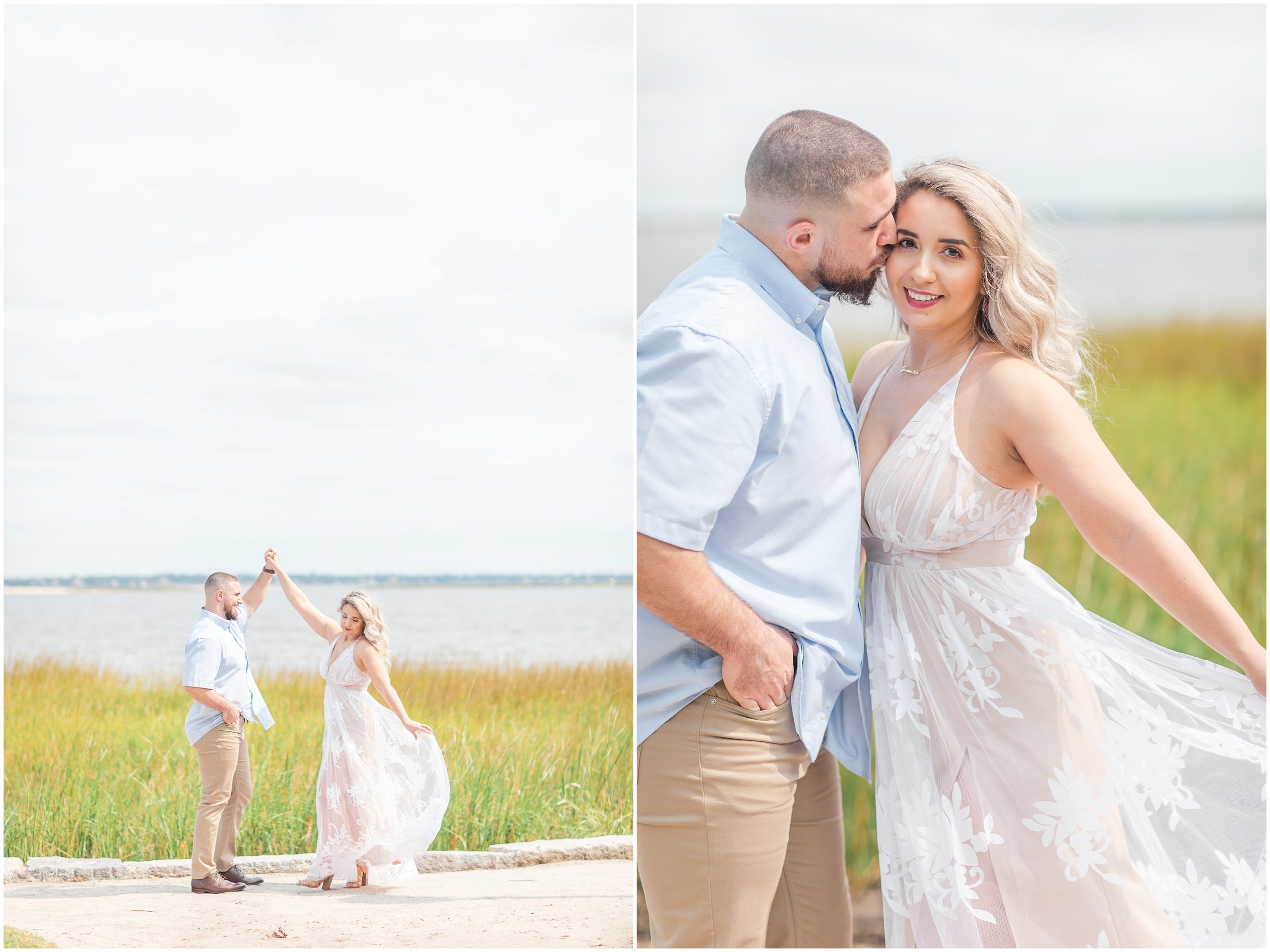 bride and groom twirl by waterfront in Charleston SC