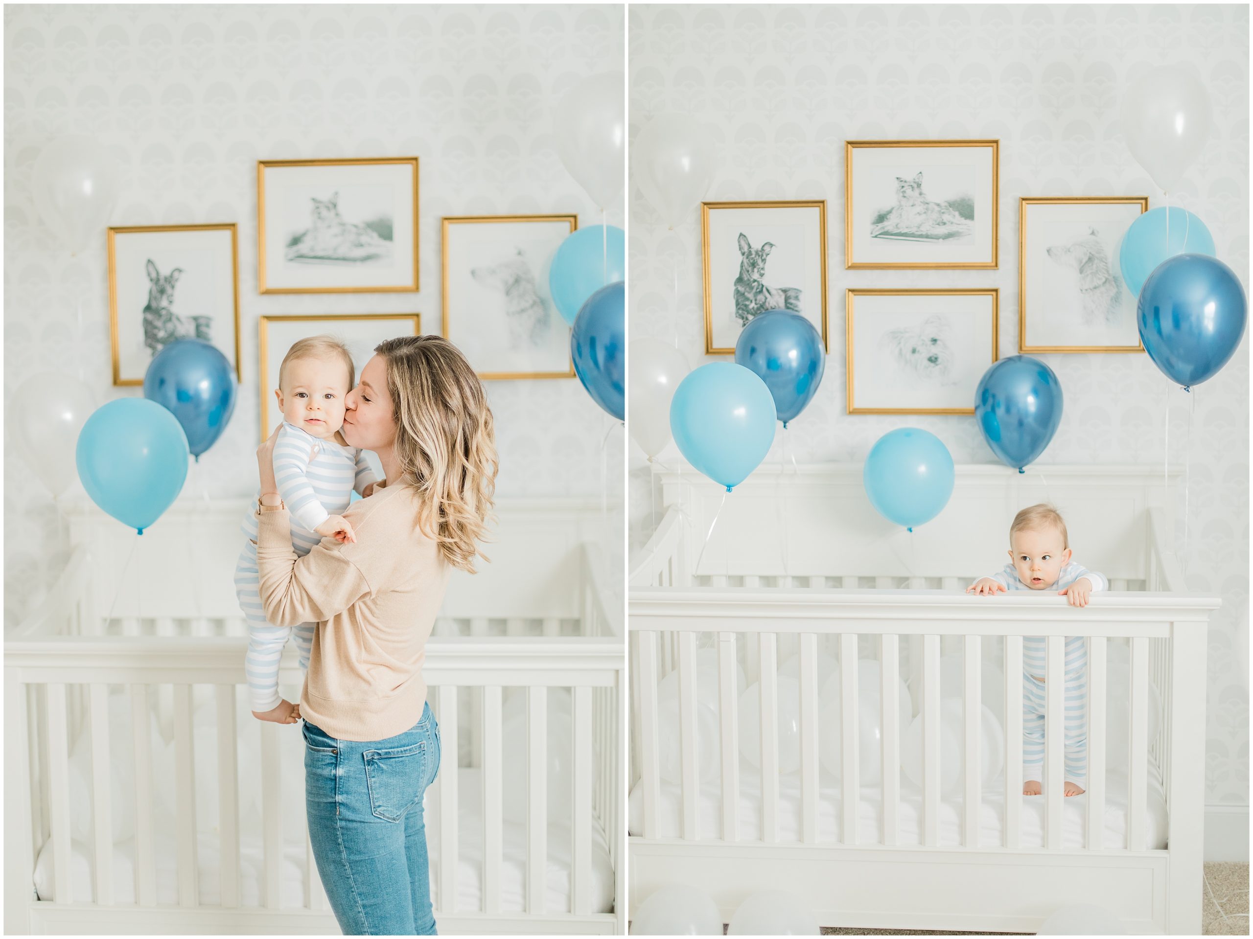 mom holds toddler during birthday photos at home