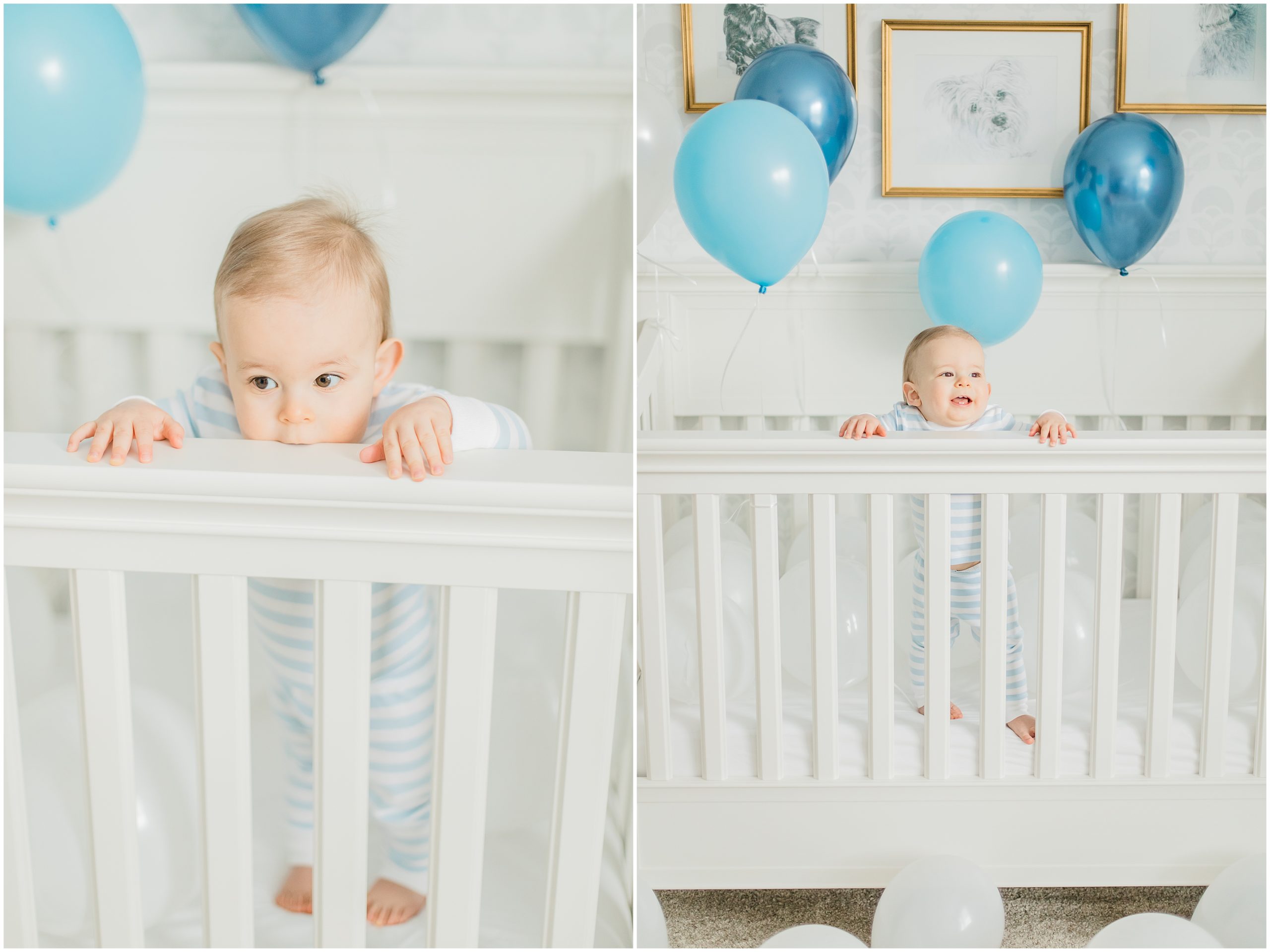 toddler chews on crib railing during photos at home