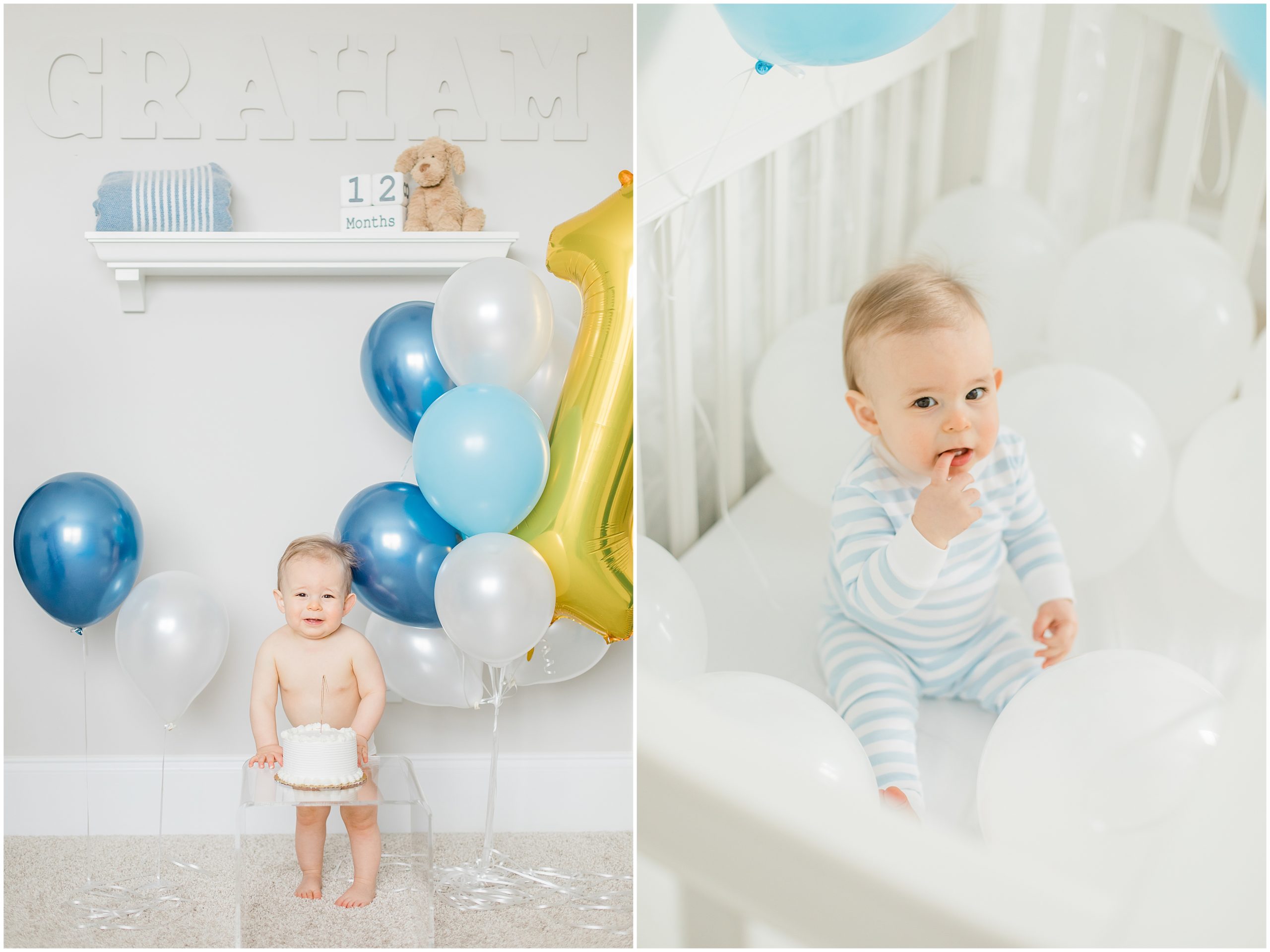 toddler plays in crib during First Birthday Portraits