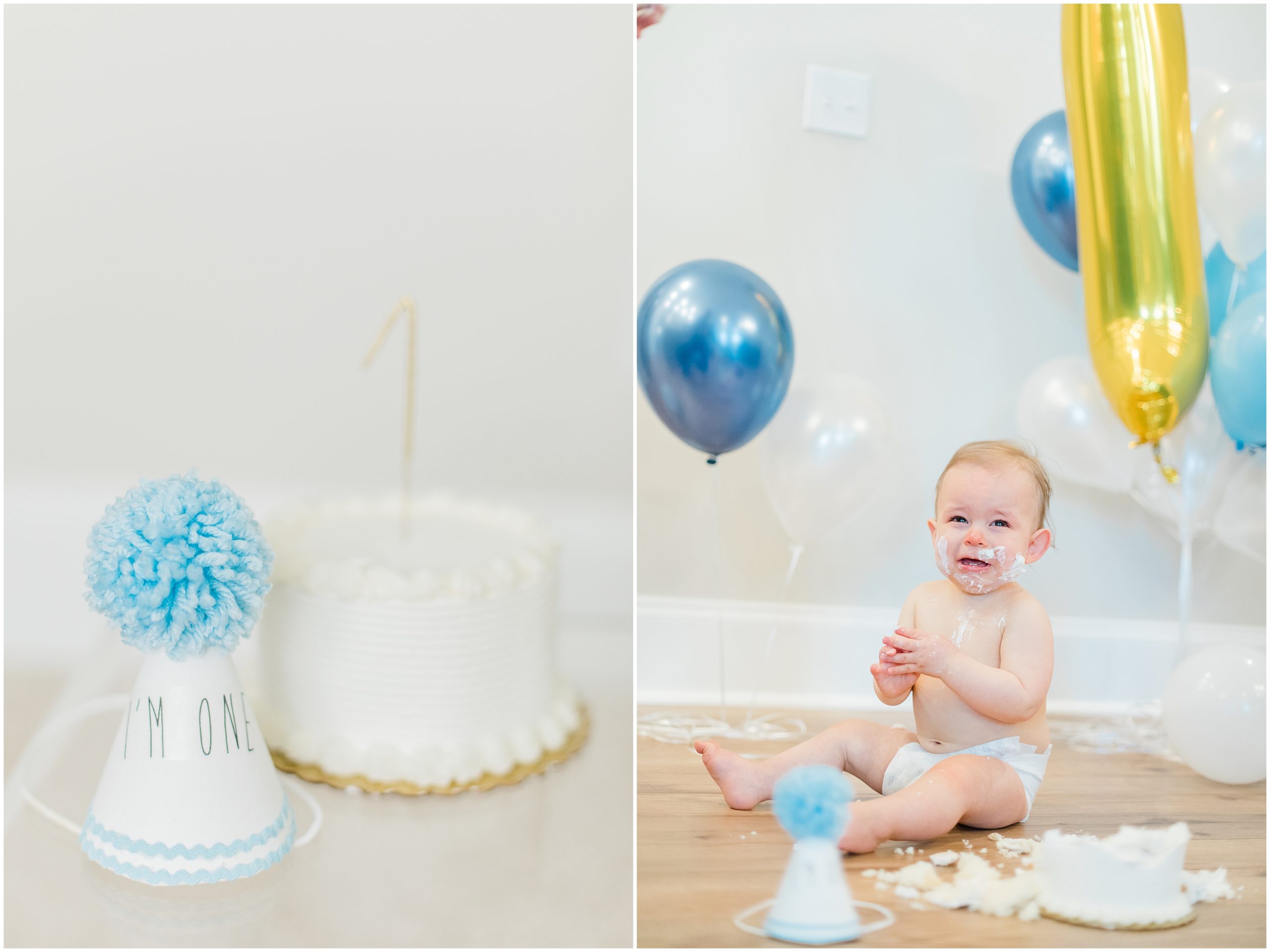 baby eats cake in nursery during First Birthday Portraits