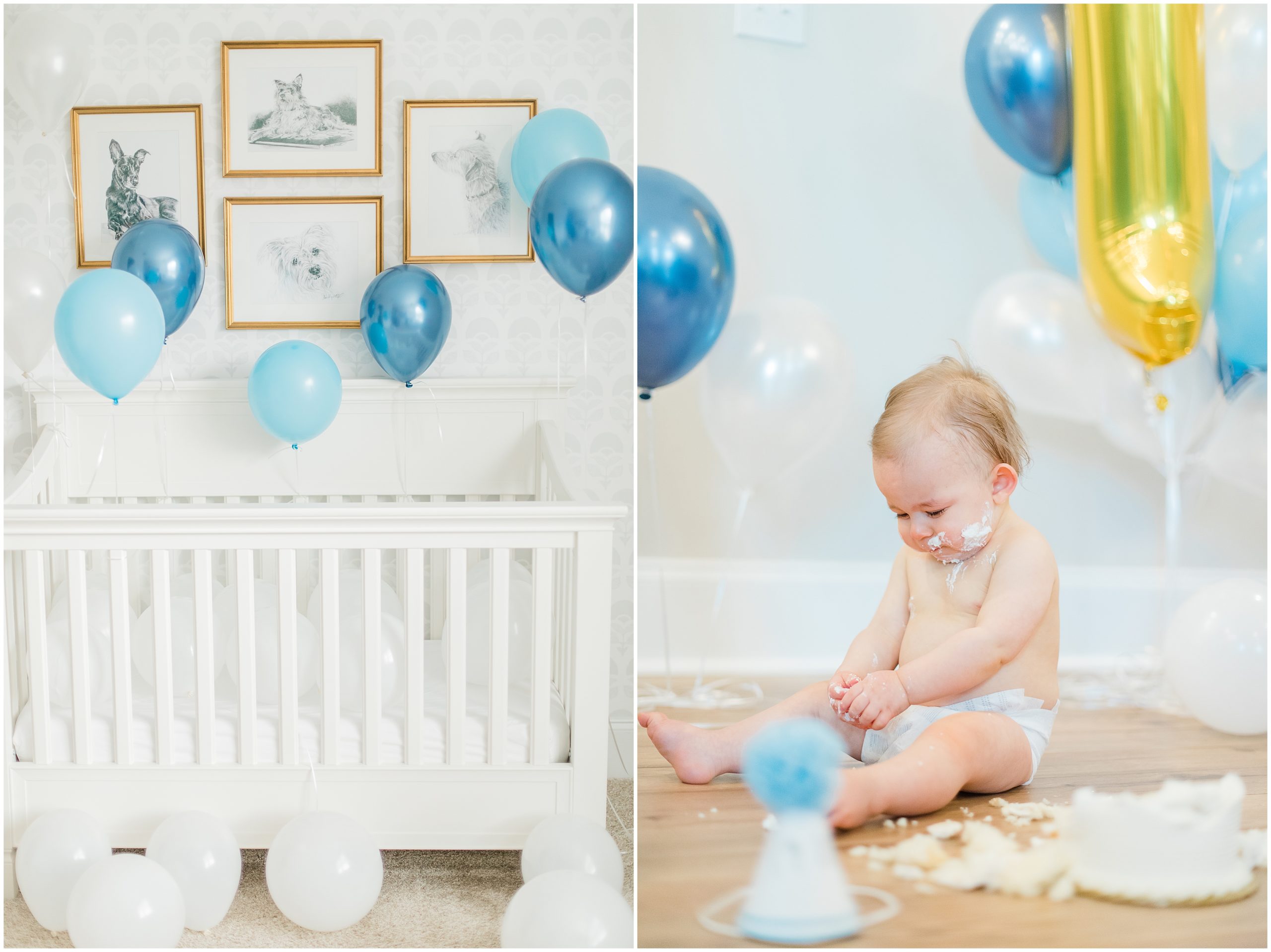baby eats cake during First Birthday Portraits