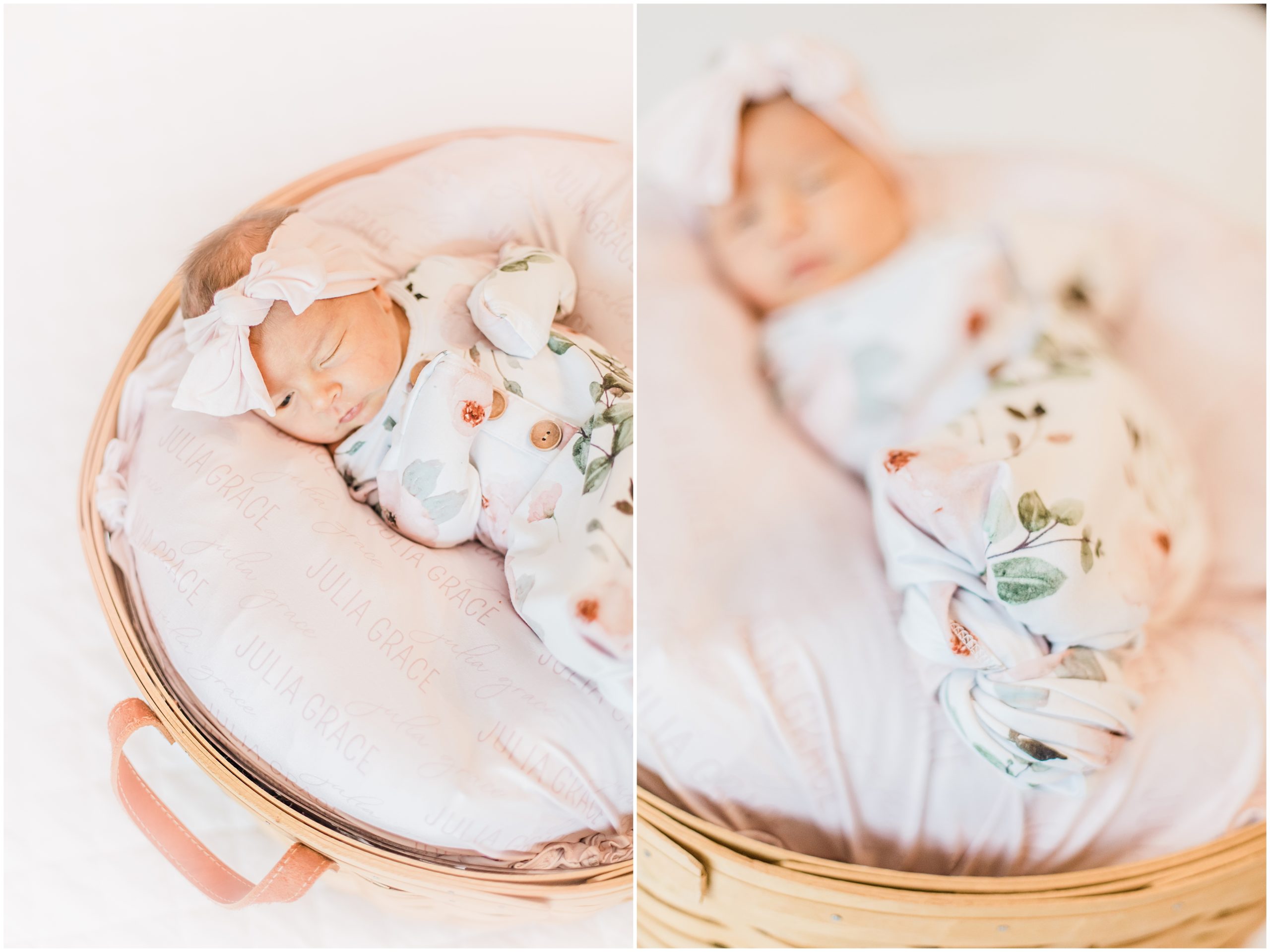 baby girl in floral wrap sleeps in basket