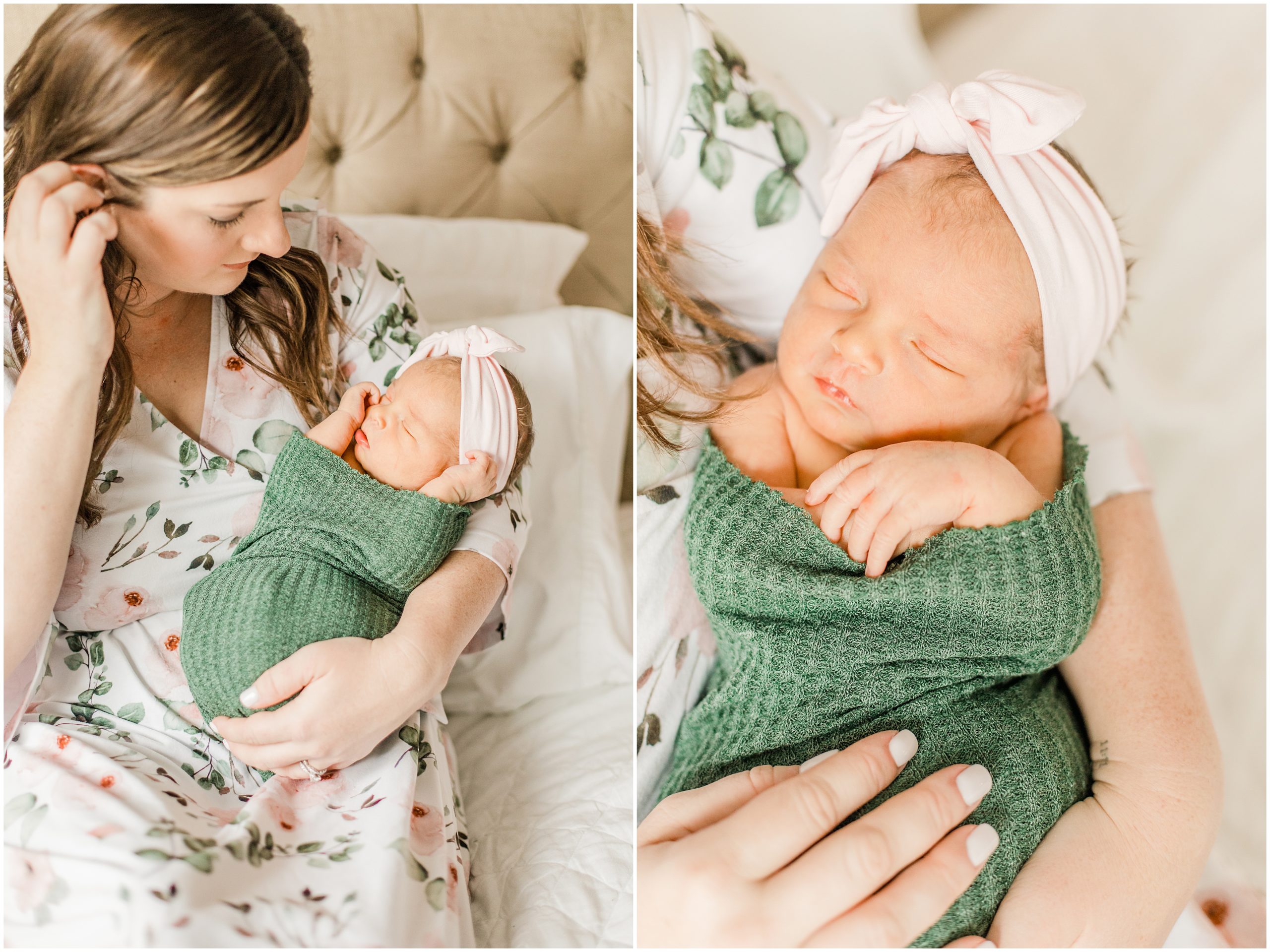 mom snuggles baby in green wrap