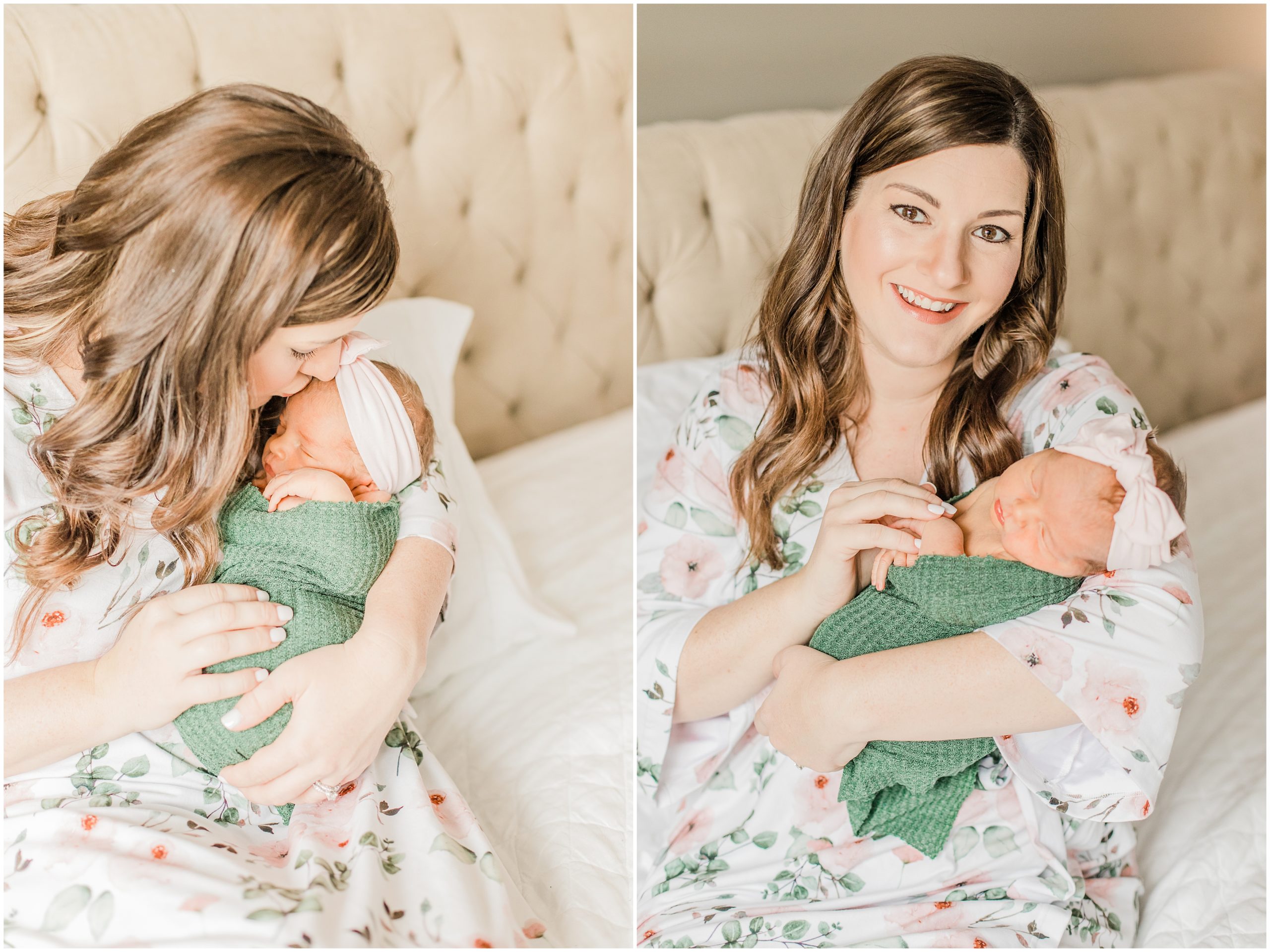 mom and baby girl sit on bed during newborn photos at home