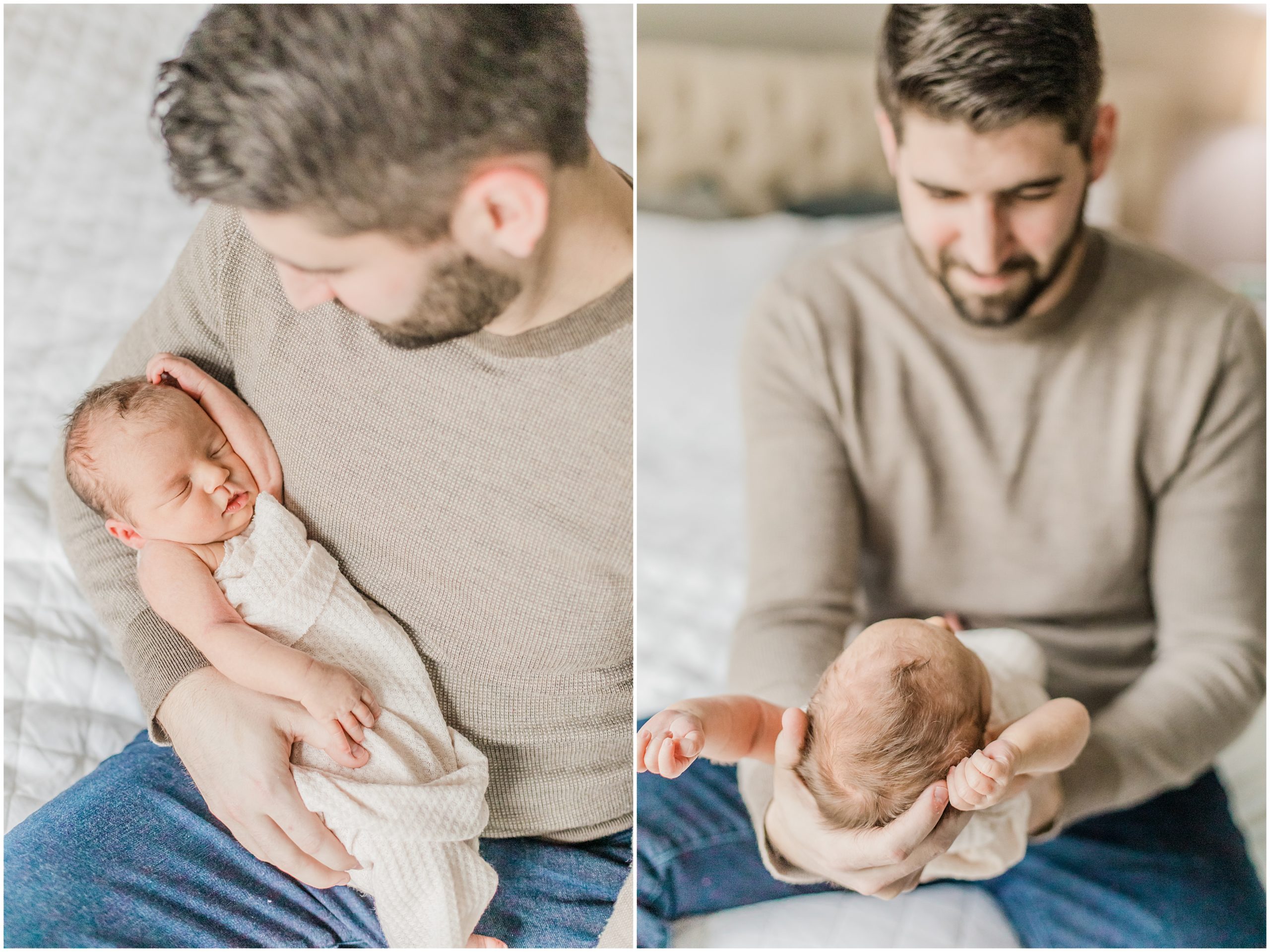 dad holds baby girl during newborn photos at home