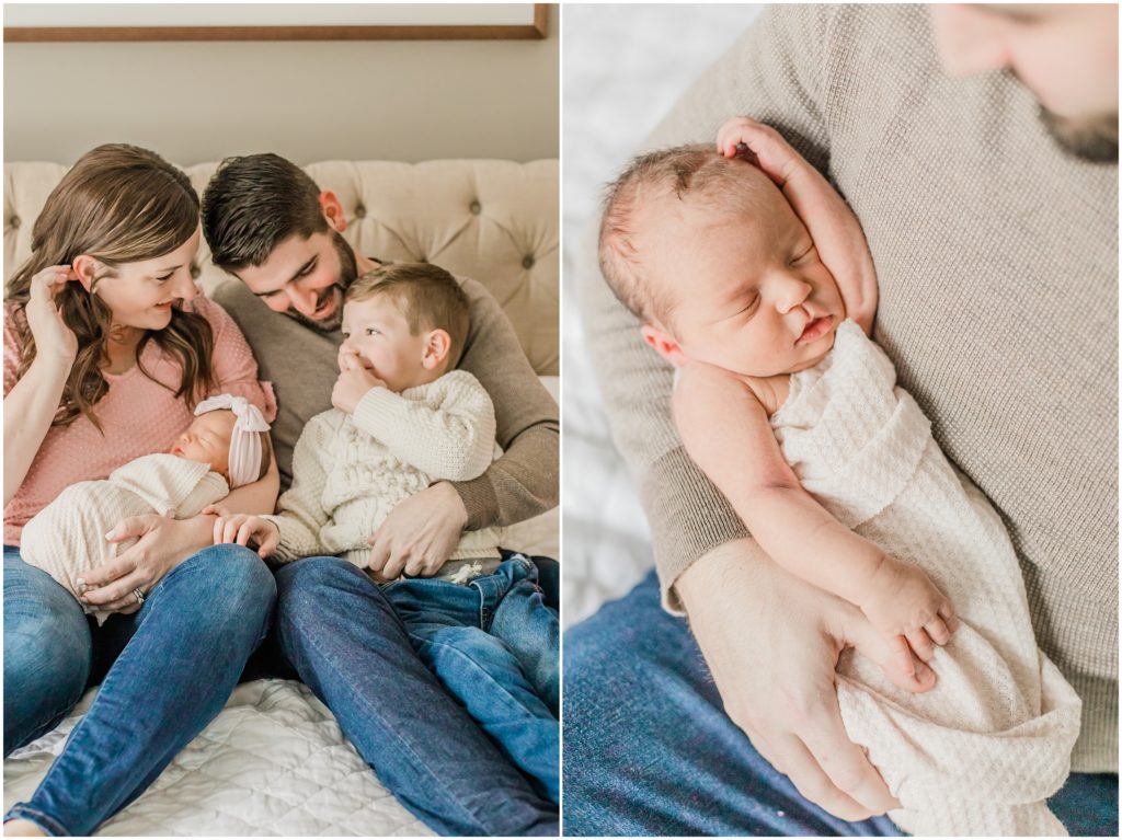 family snuggles on bed during newborn photos