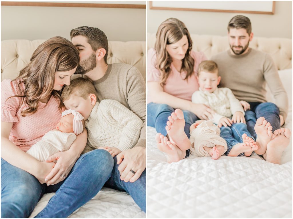 dad kisses mom's cheek during newborn session at home