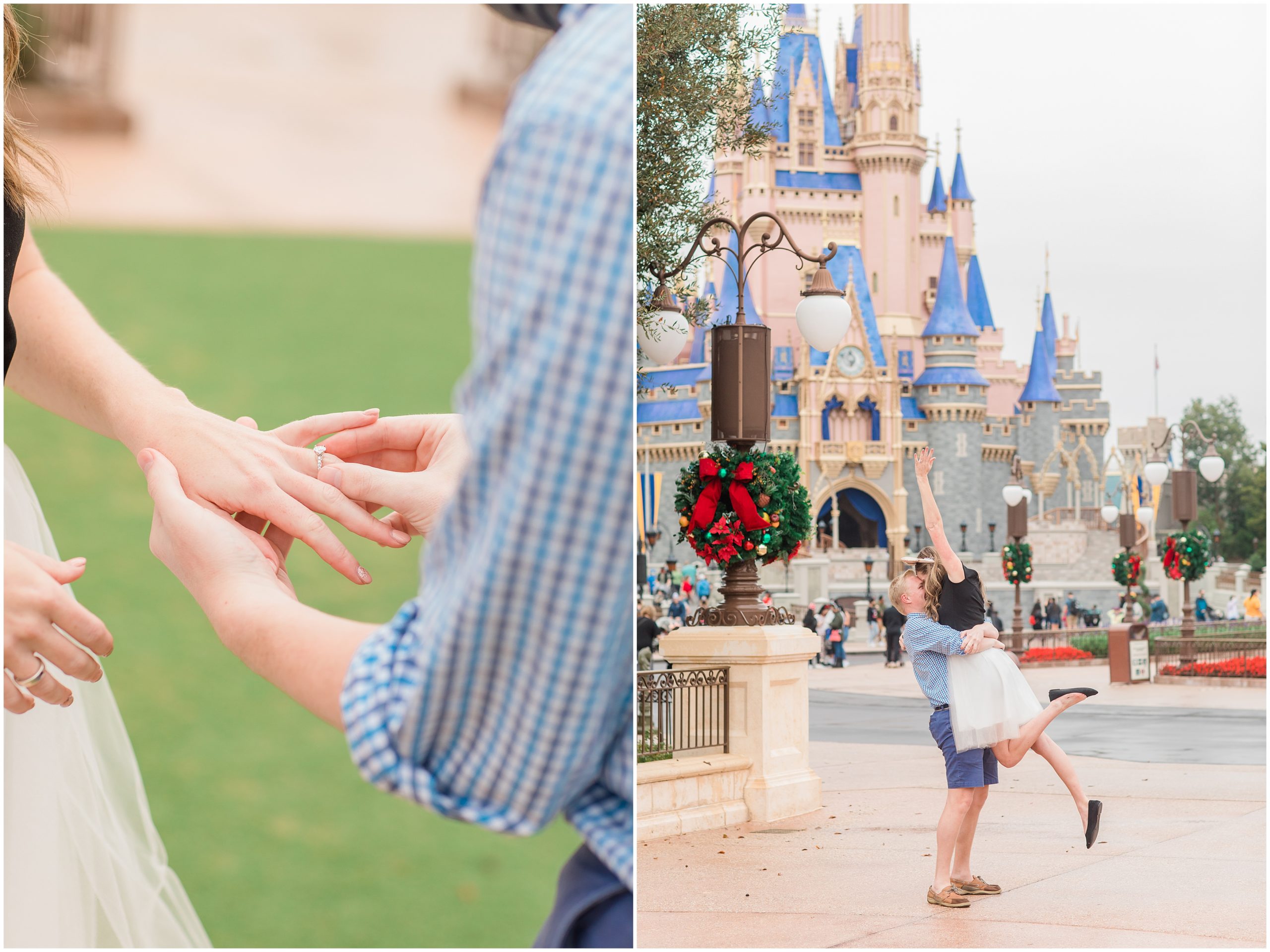 groom puts ring on bride's finger after Disney World proposal