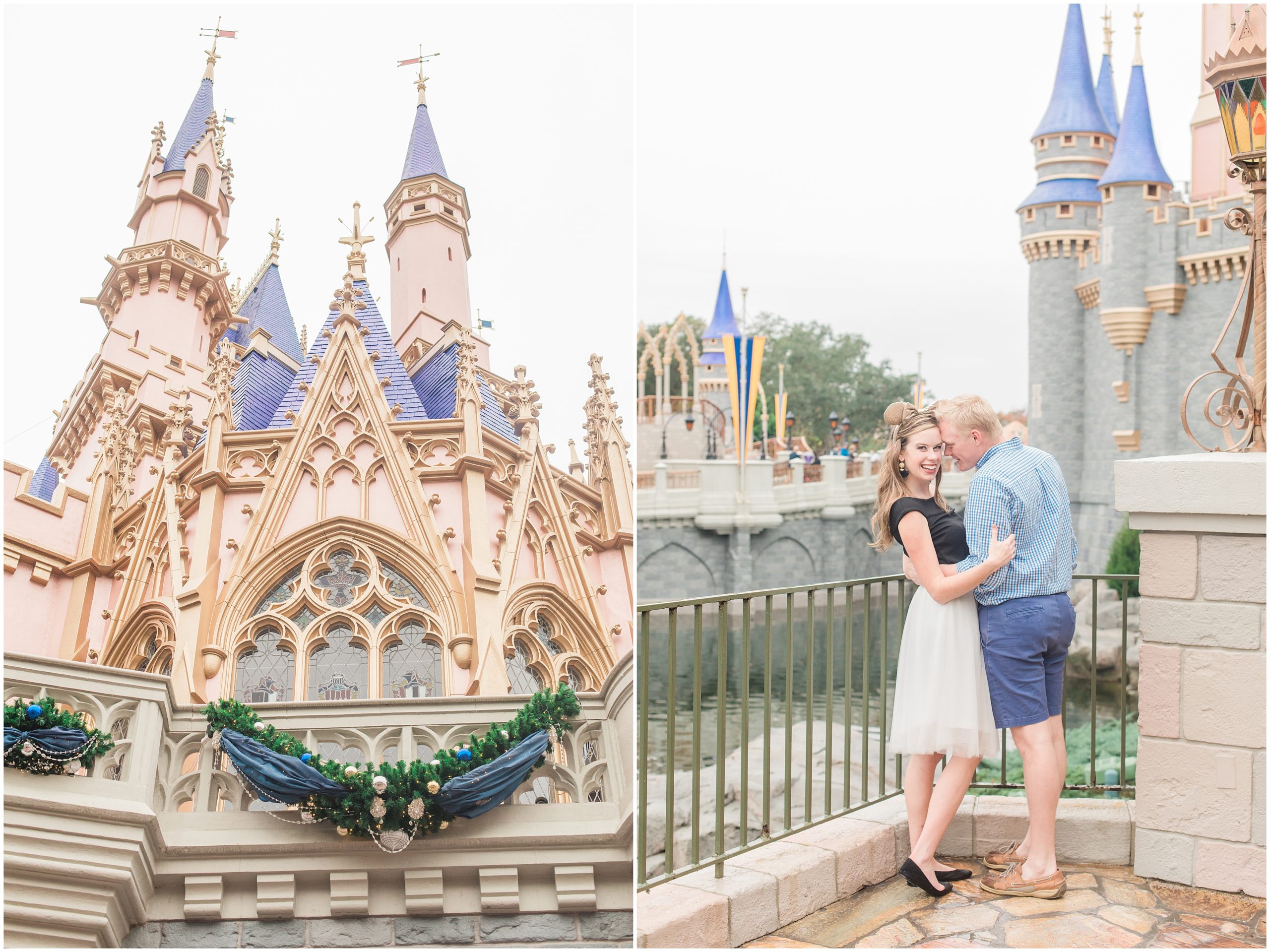 couple hugs by castle in Walt Disney World