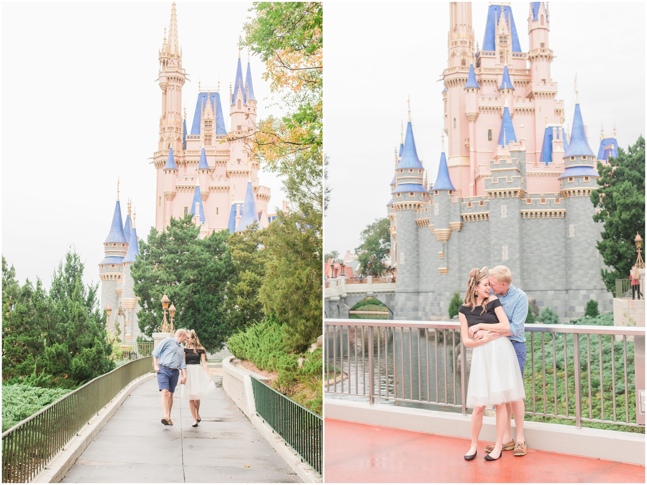 couple hugs on walkway by Cinderella's Castle