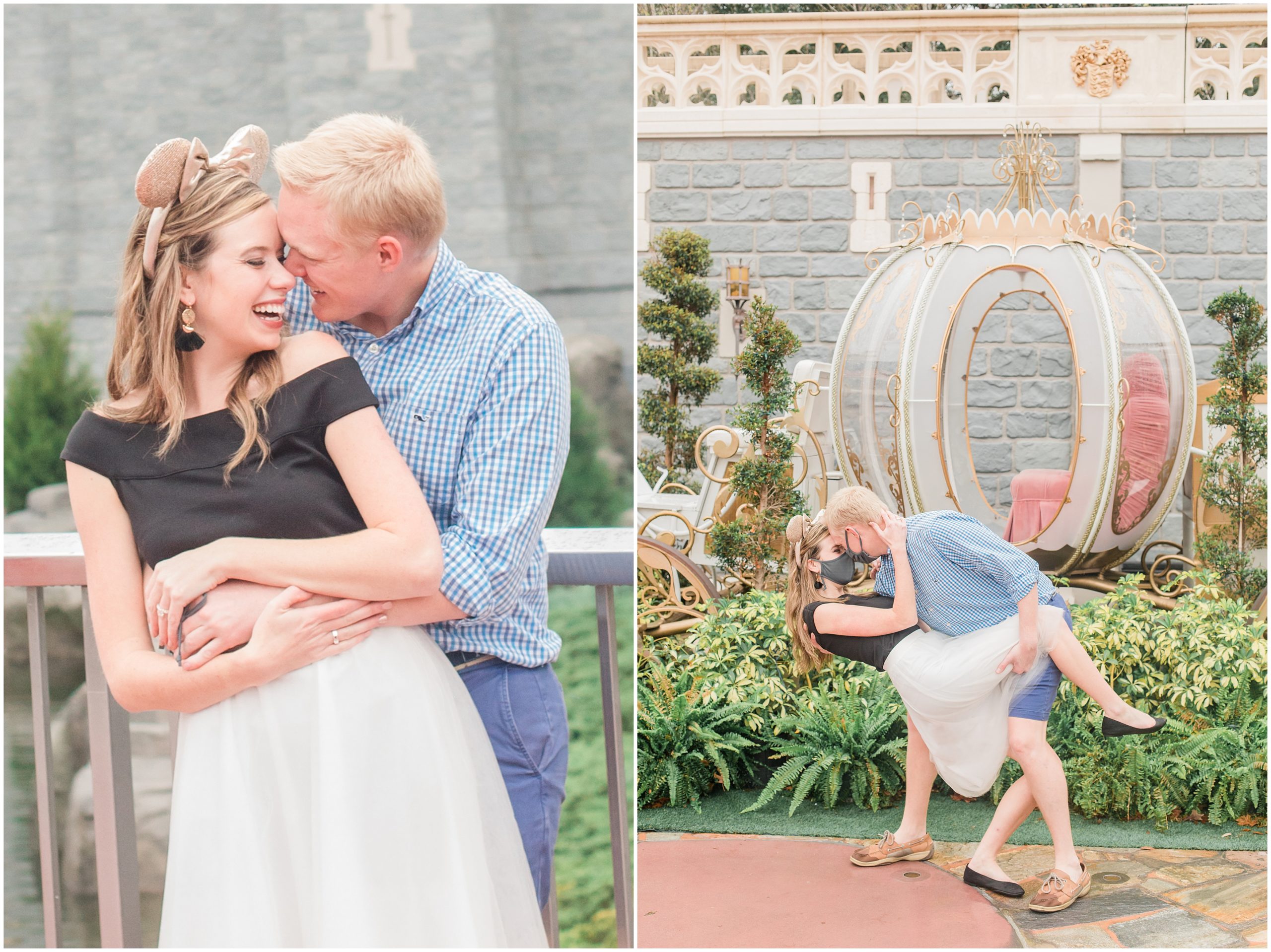couple hugs in front of castle after Disney World proposal