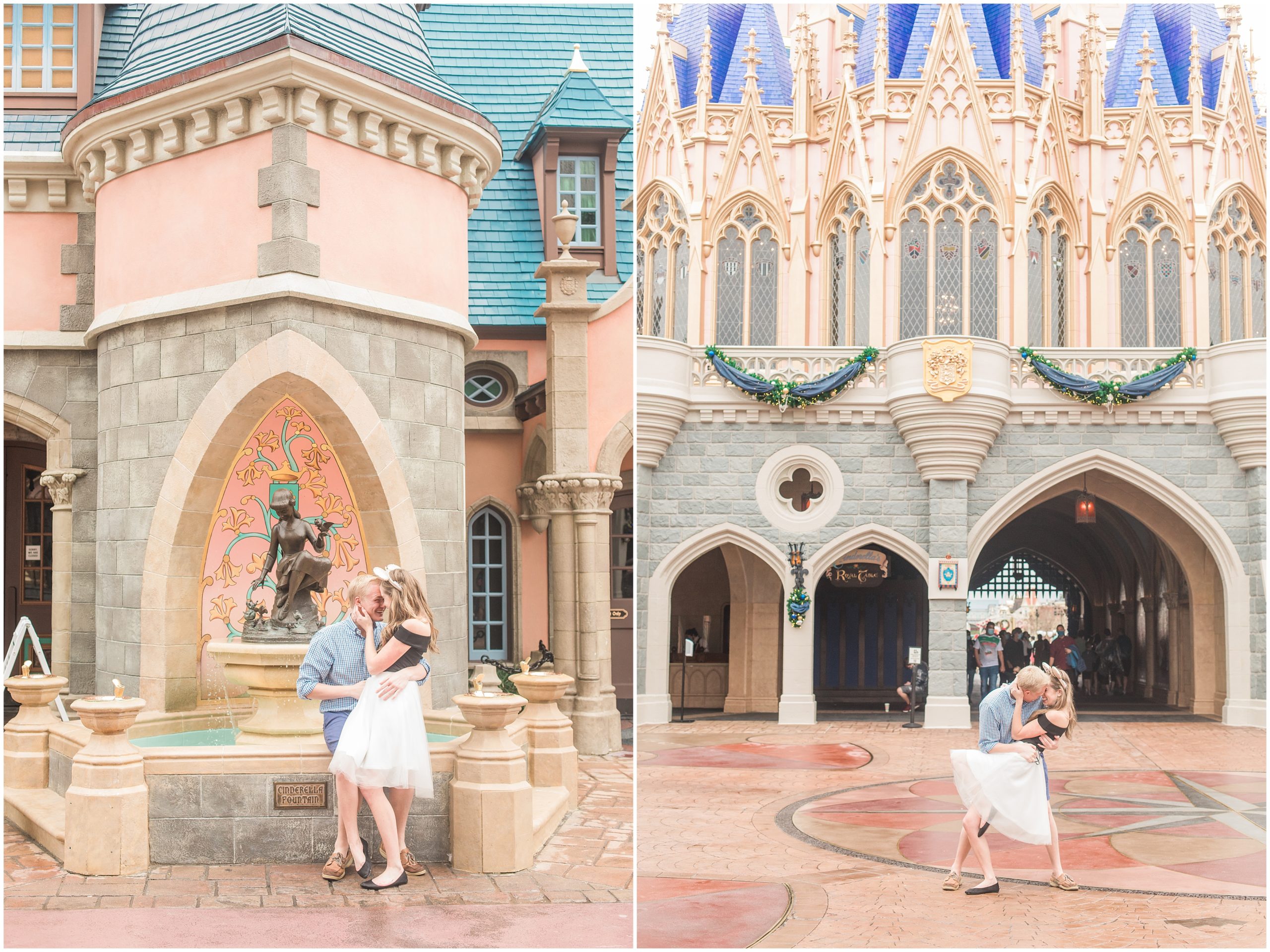 engaged couple hugs in Magic Kingdom during engagement session