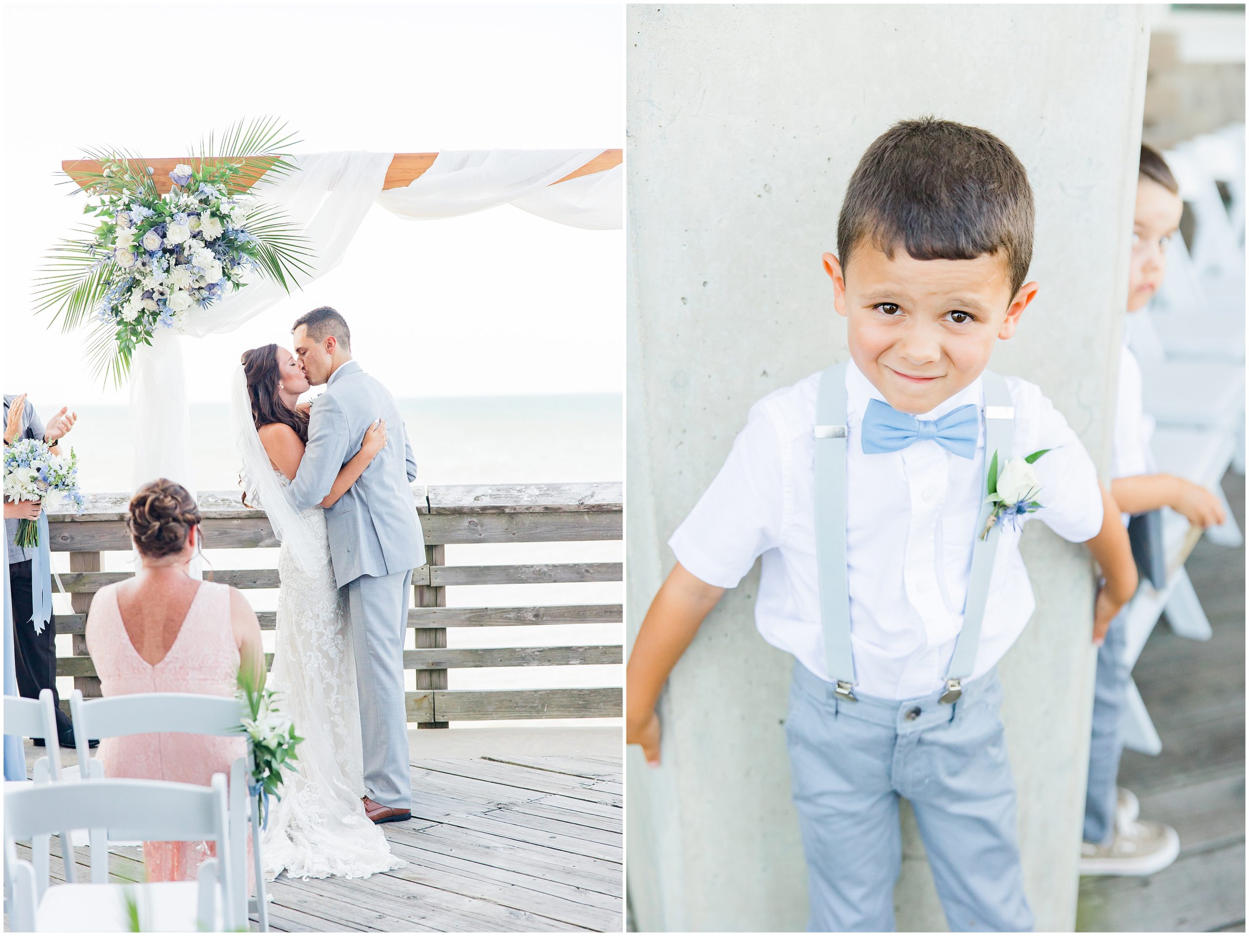 bride and groom kiss while son walks ring down aisle