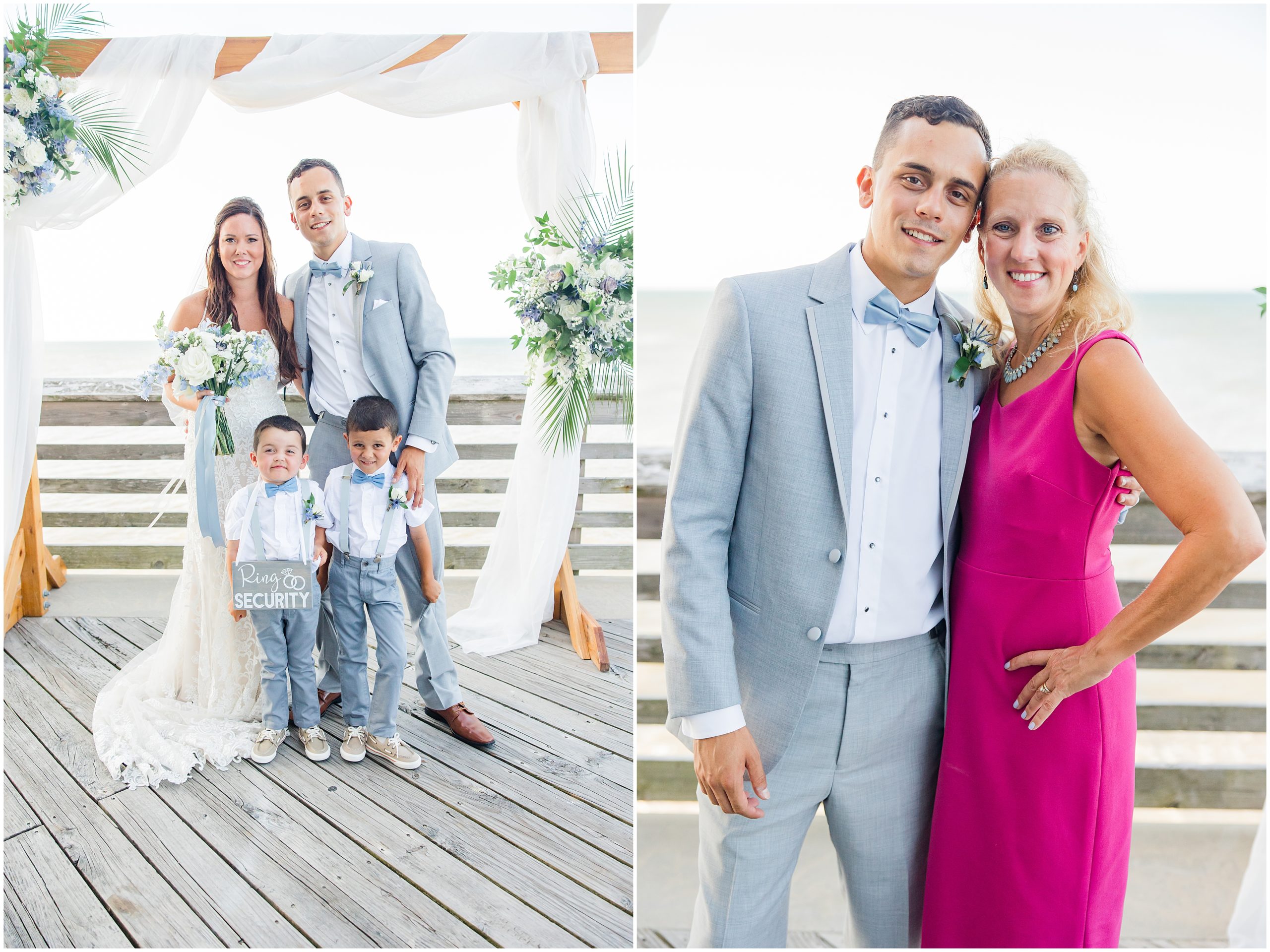 bride and groom pose with children on Jennette's Pier