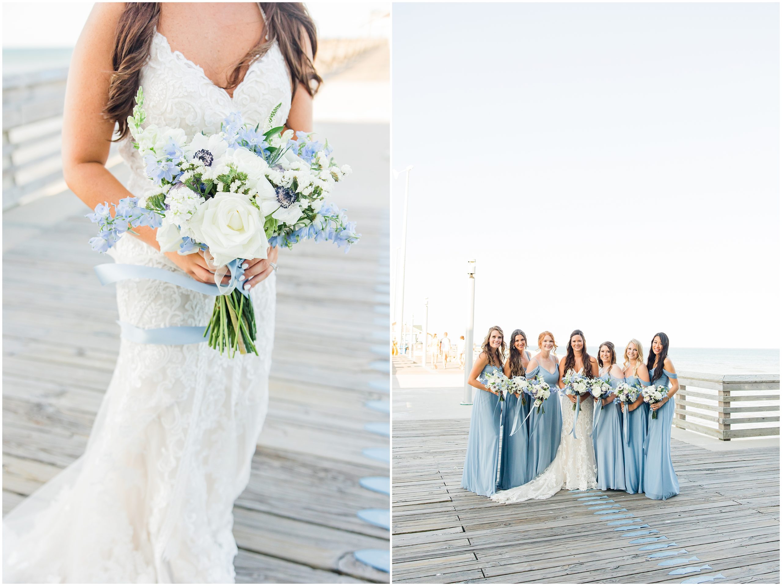 bride stands on pier with bridesmaids in blue gowns