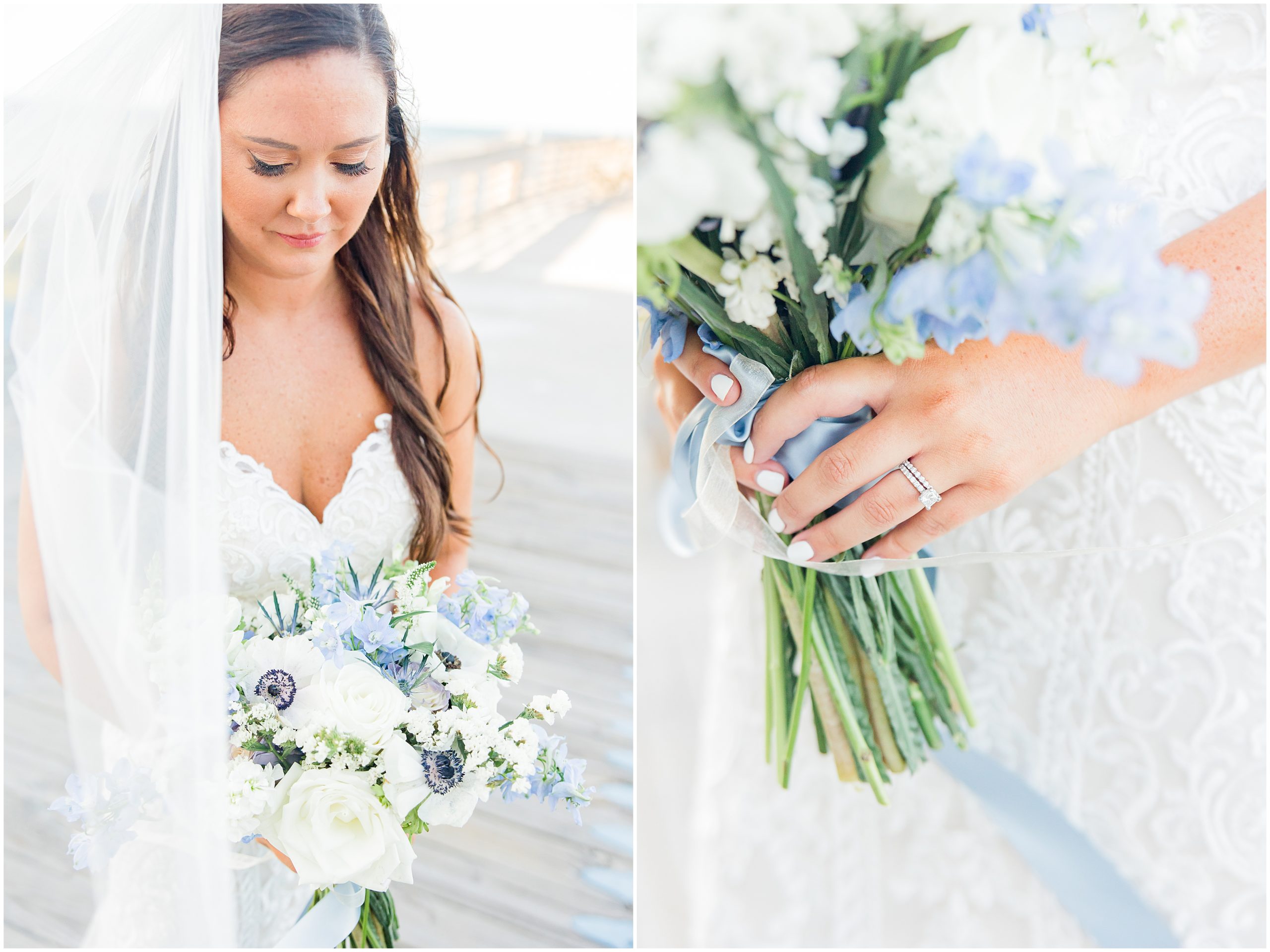 beach bride holds bouquet of white and blue flowers 