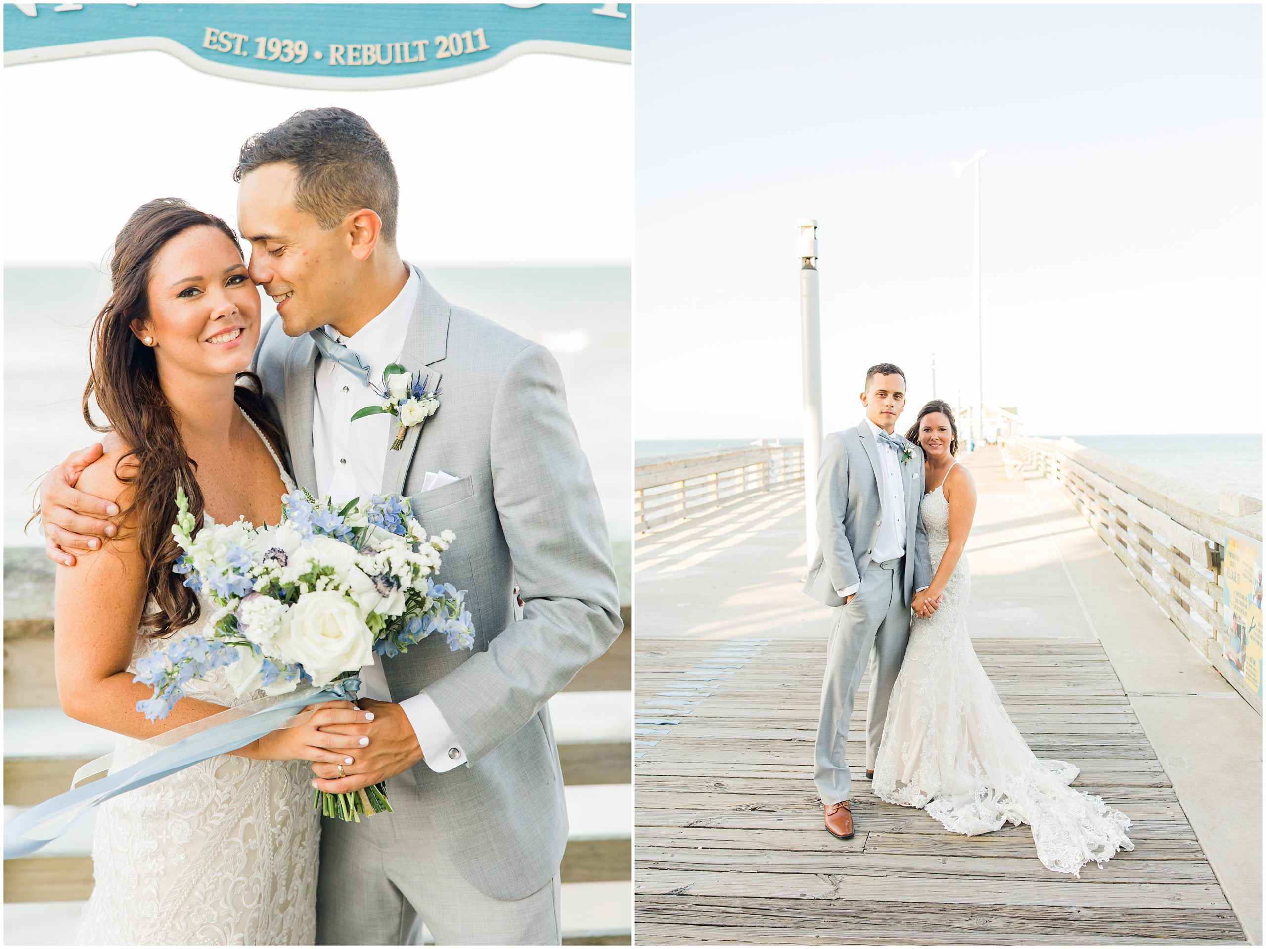 bride and groom pose on Jennette's Pier