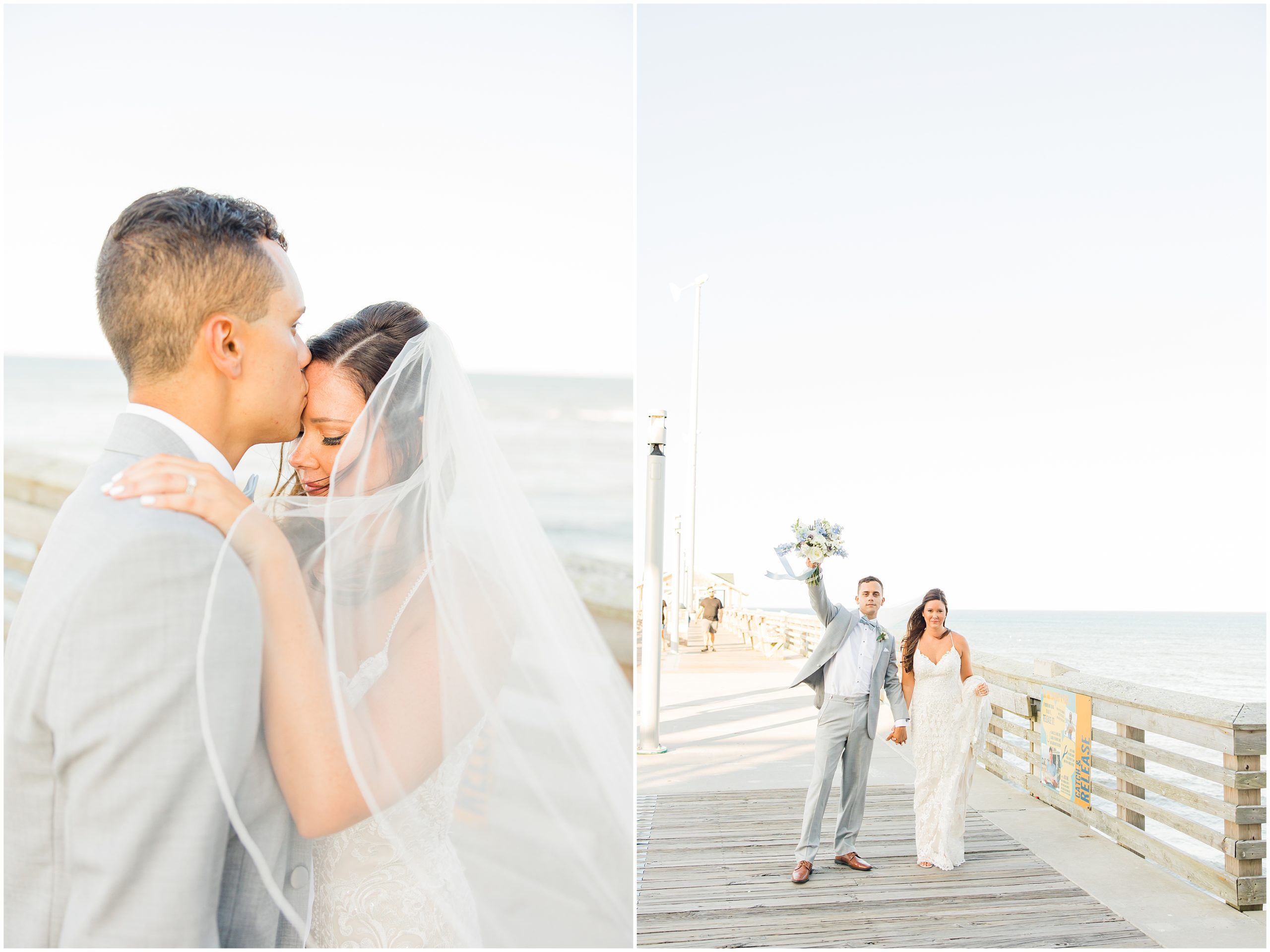 couple walks along pier during wedding photos in Nags Head NC