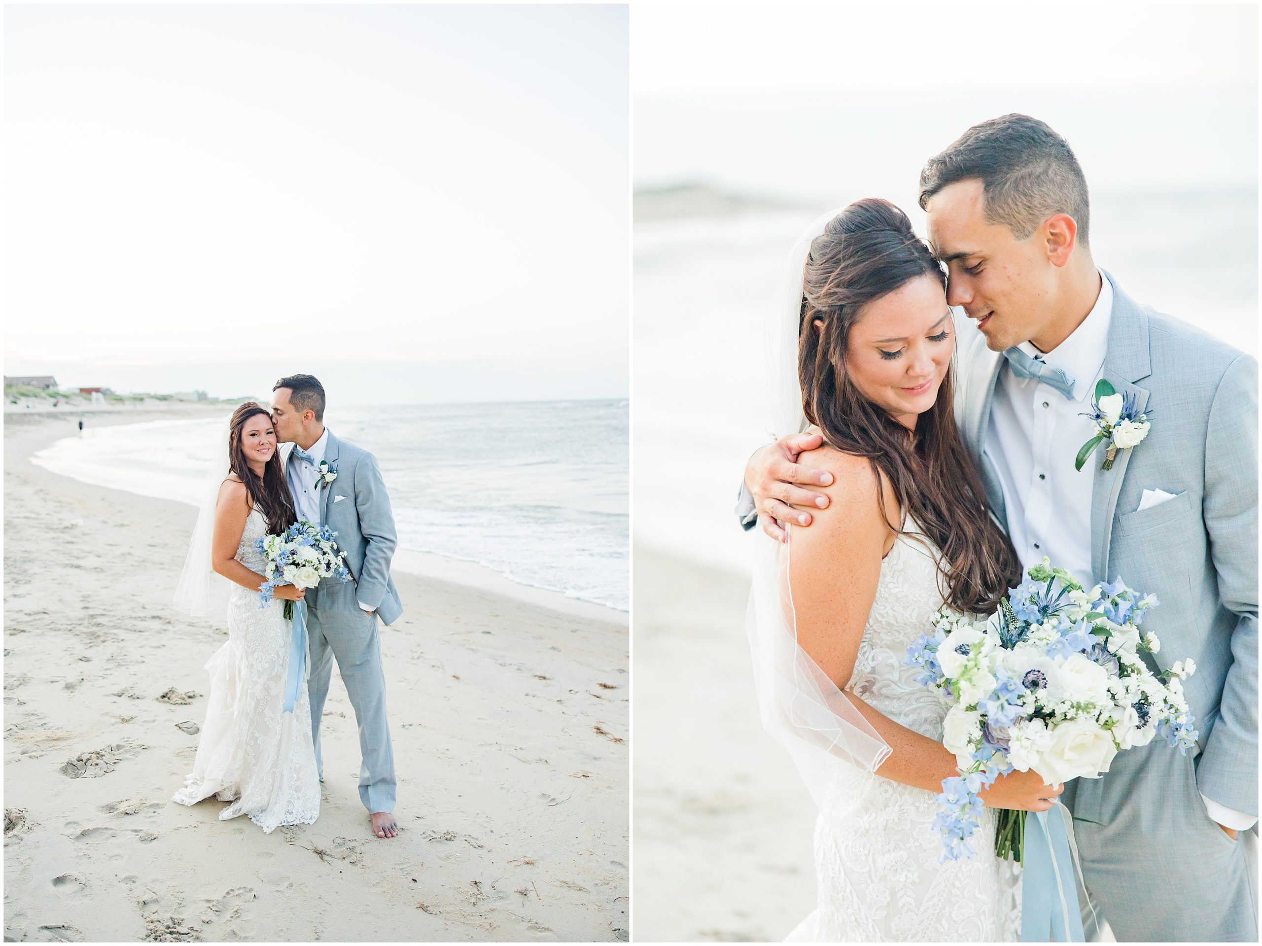 newlyweds pose on beach near Jennette's Pier