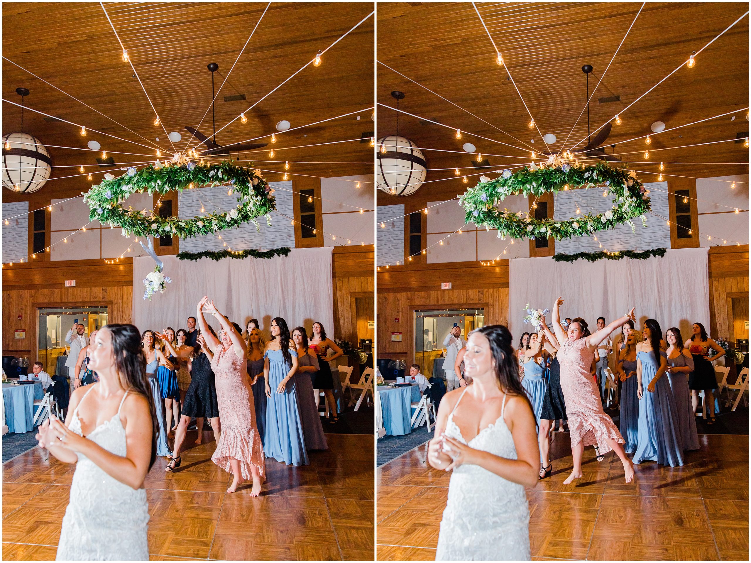 bride throws bouquet at Jennette's Pier