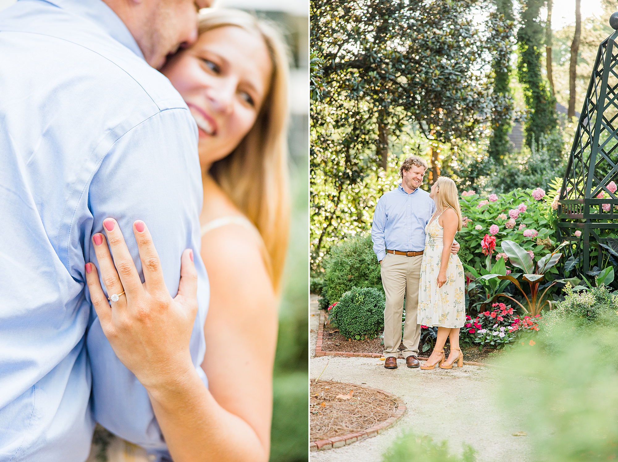 couple hugs in gardens of the Duke Mansion during engagement photos