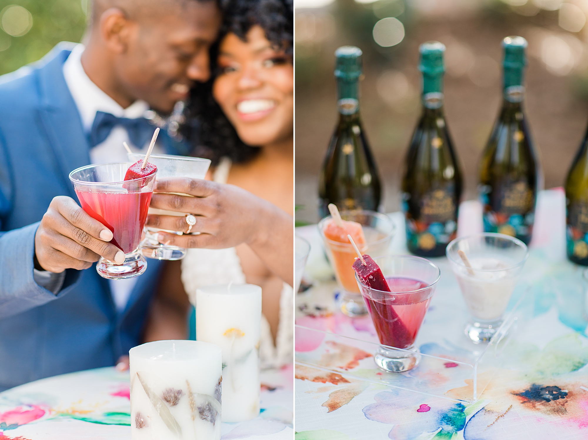 bride and groom toast signature drinks during NC wedding reception