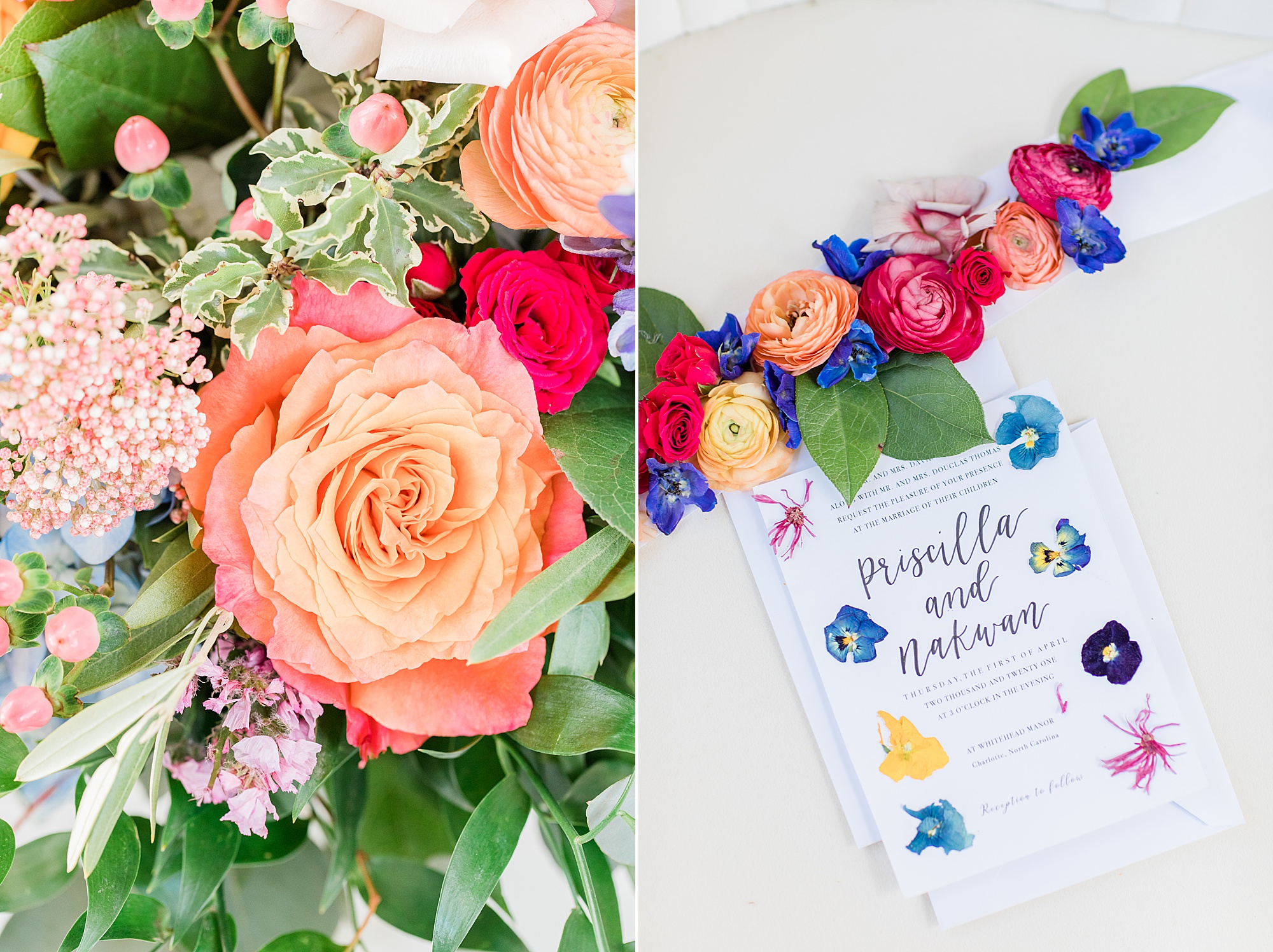 bride's bright bouquet and colorful wedding invitation for Charlotte wedding