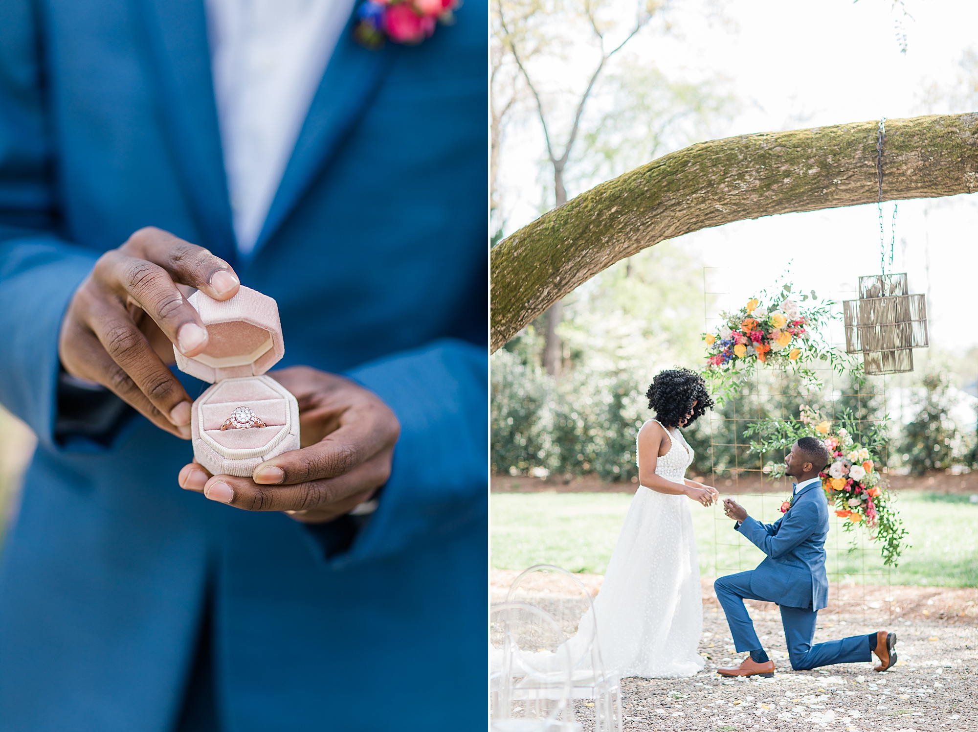groom opens ring box to show diamond for bride