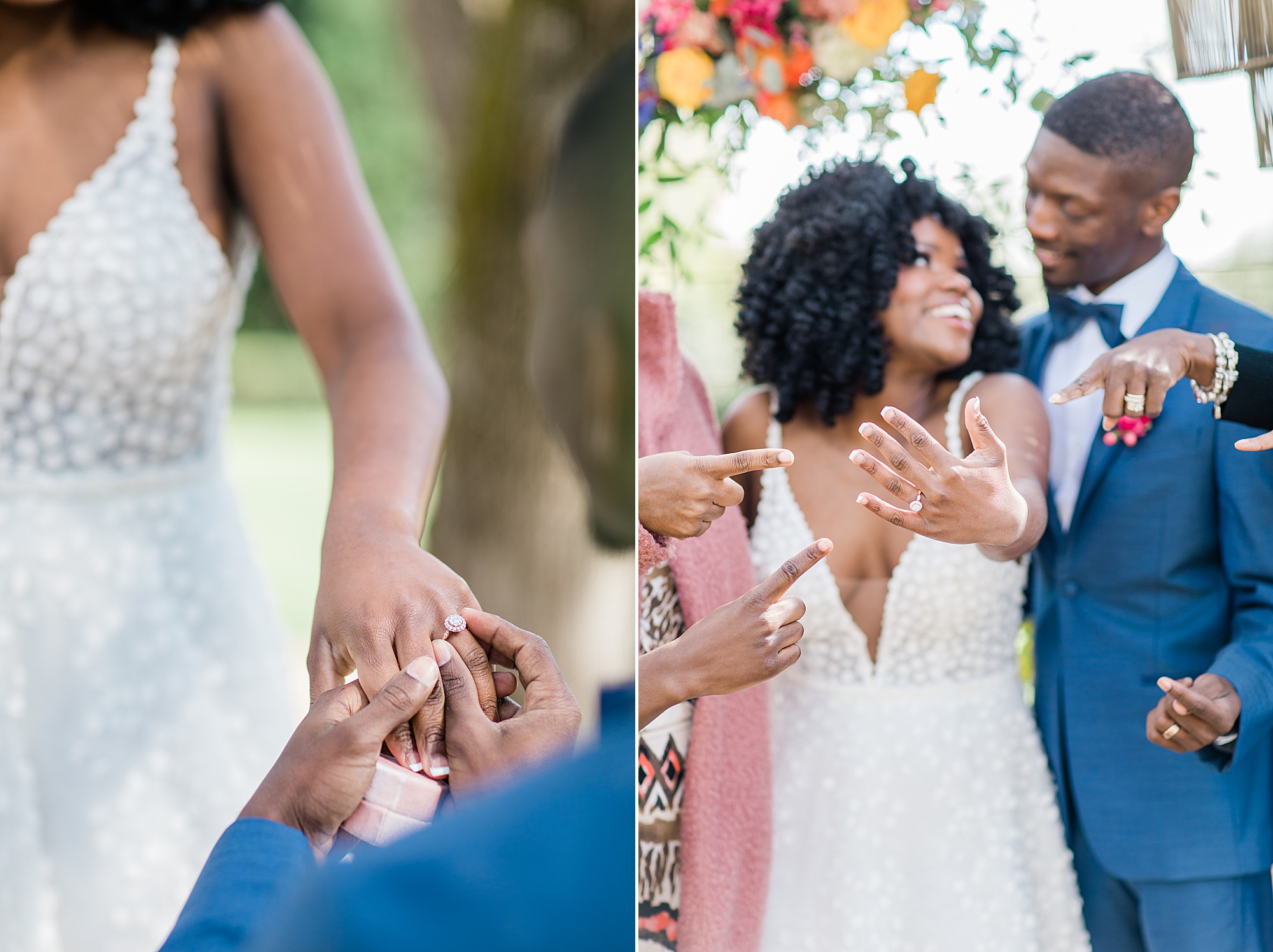 bride shows off engagement ring during NC wedding photos