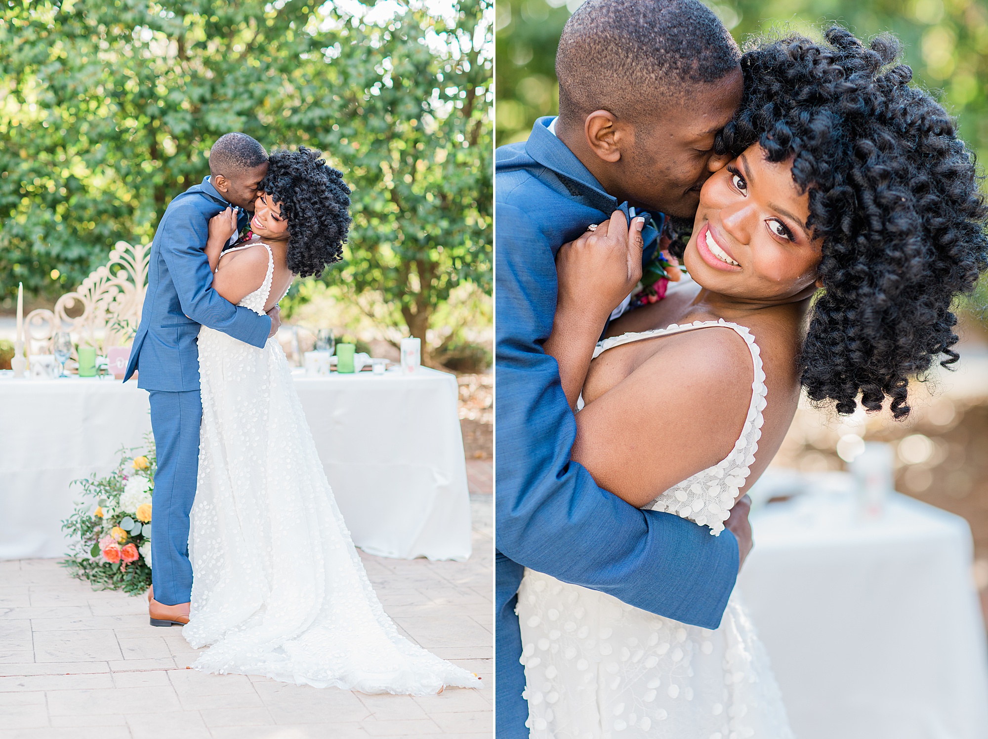 groom kisses bride's forehead during photos