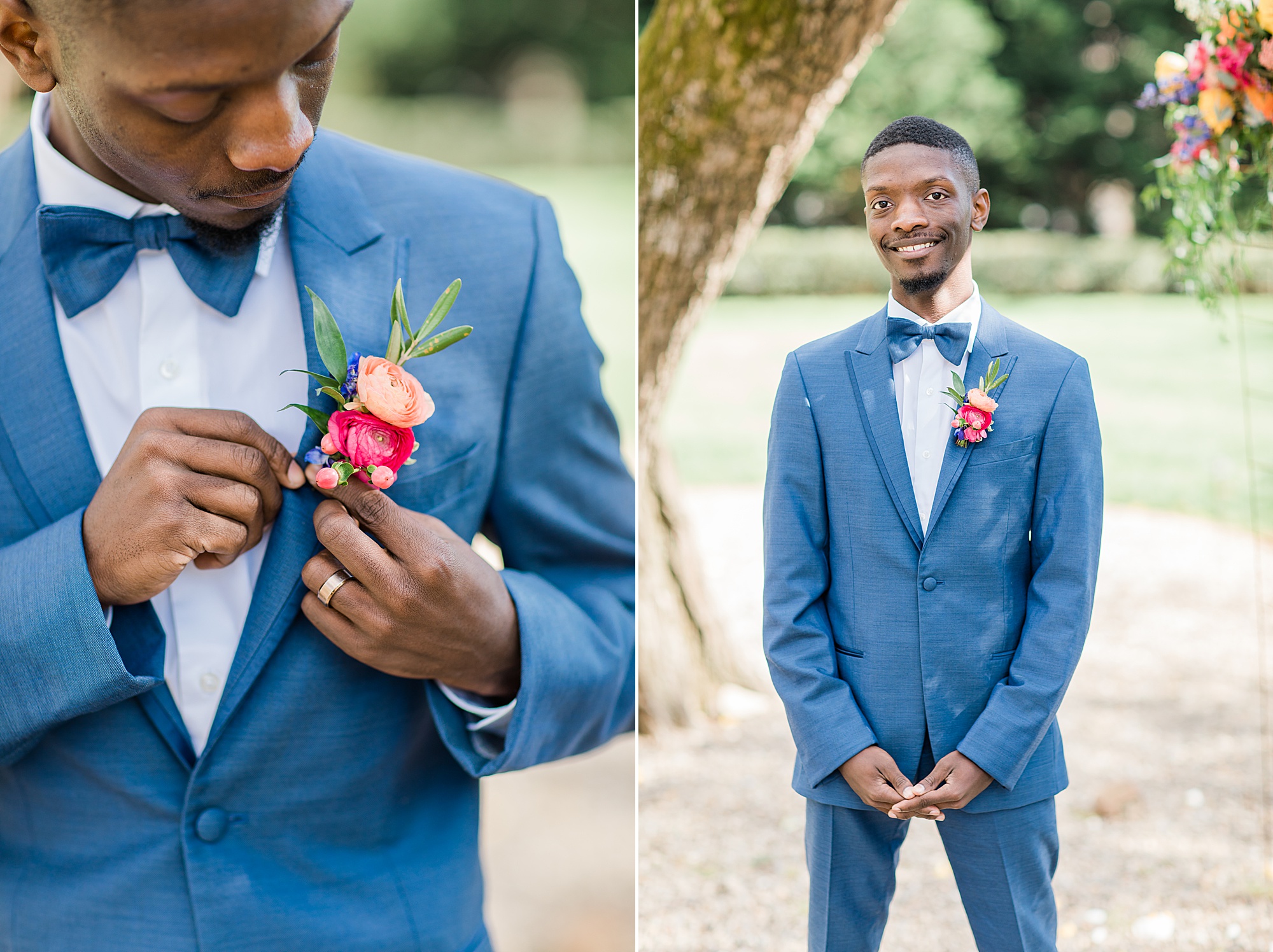 groom puts on boutonnière in navy suit