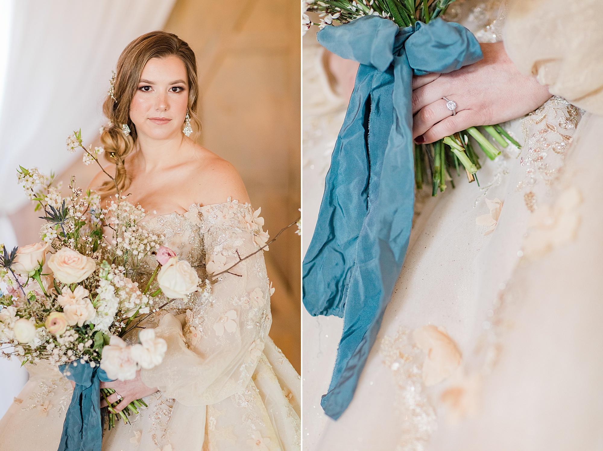 bride in ballgown holds bouquet with blue ribbon