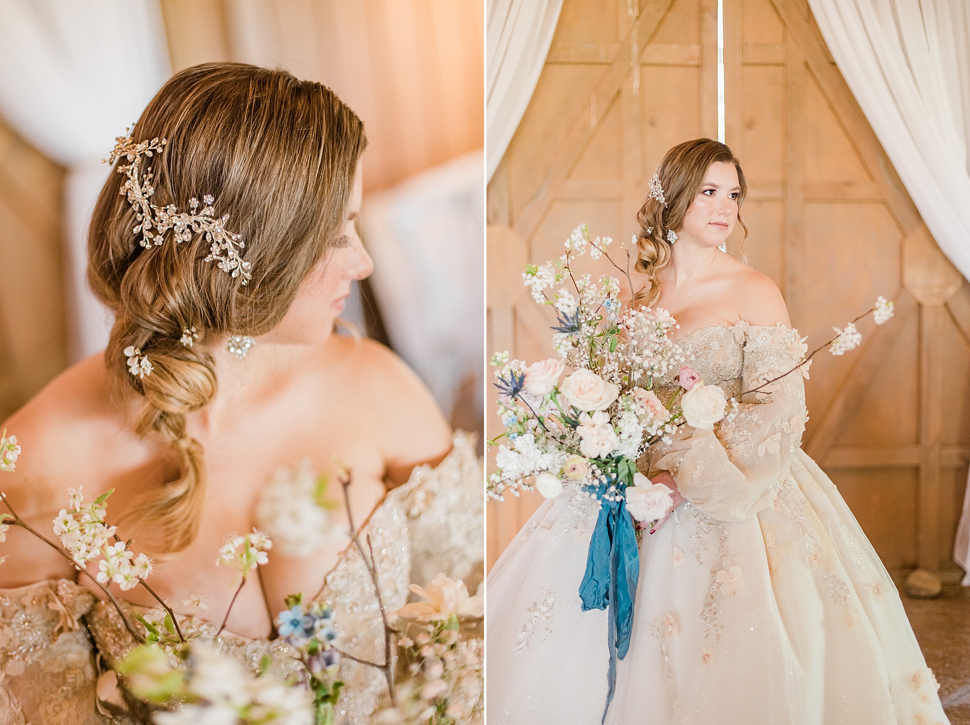bride poses with bouquet of white and pastel flowers at Carolina Country Weddings styled shoot