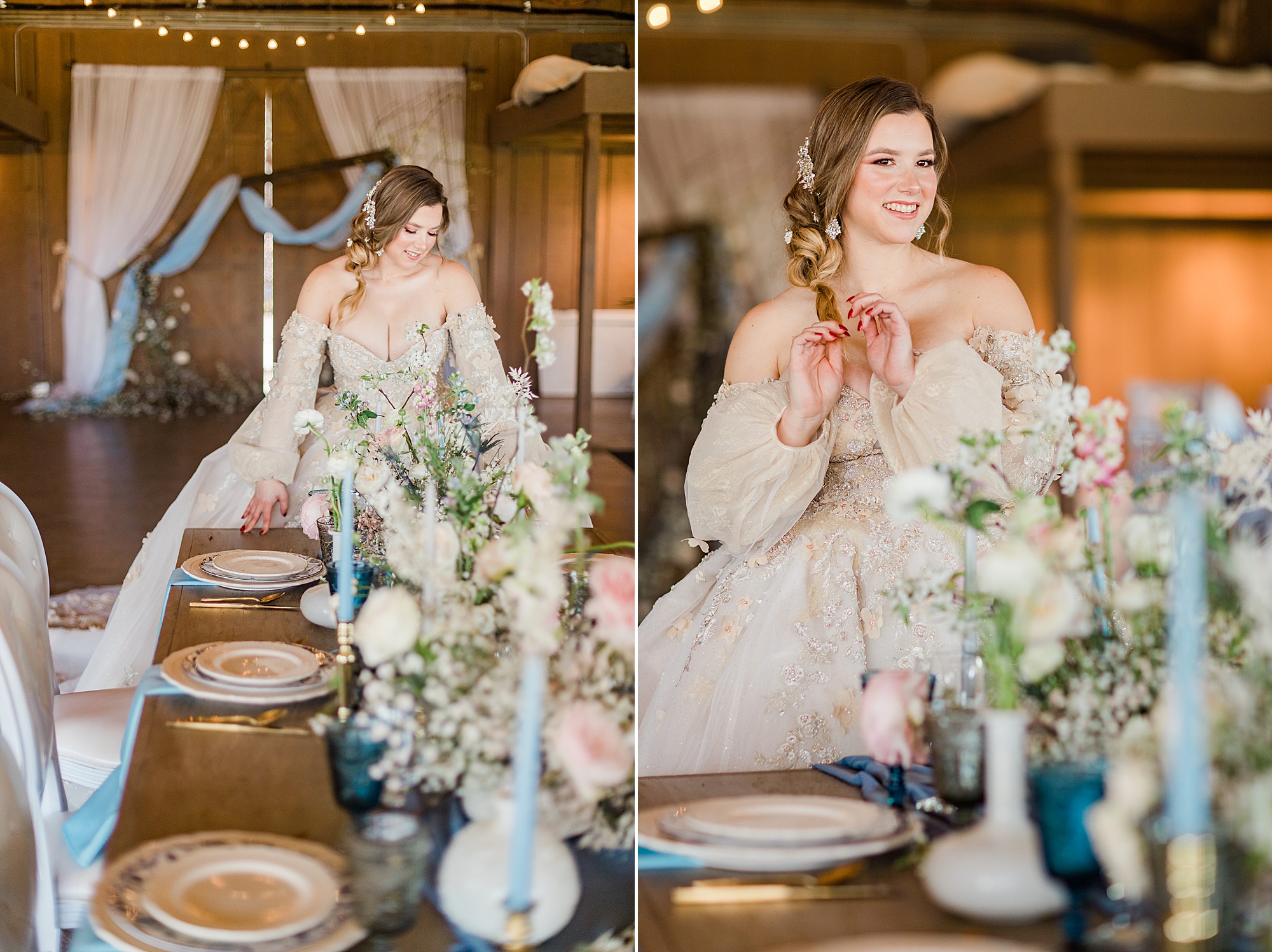 bride poses by table in Charlotte NC
