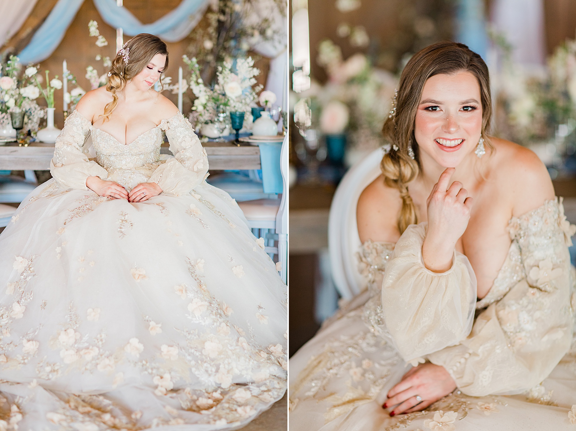 bride in ballgown sits at Carolina Country Weddings styled shoot