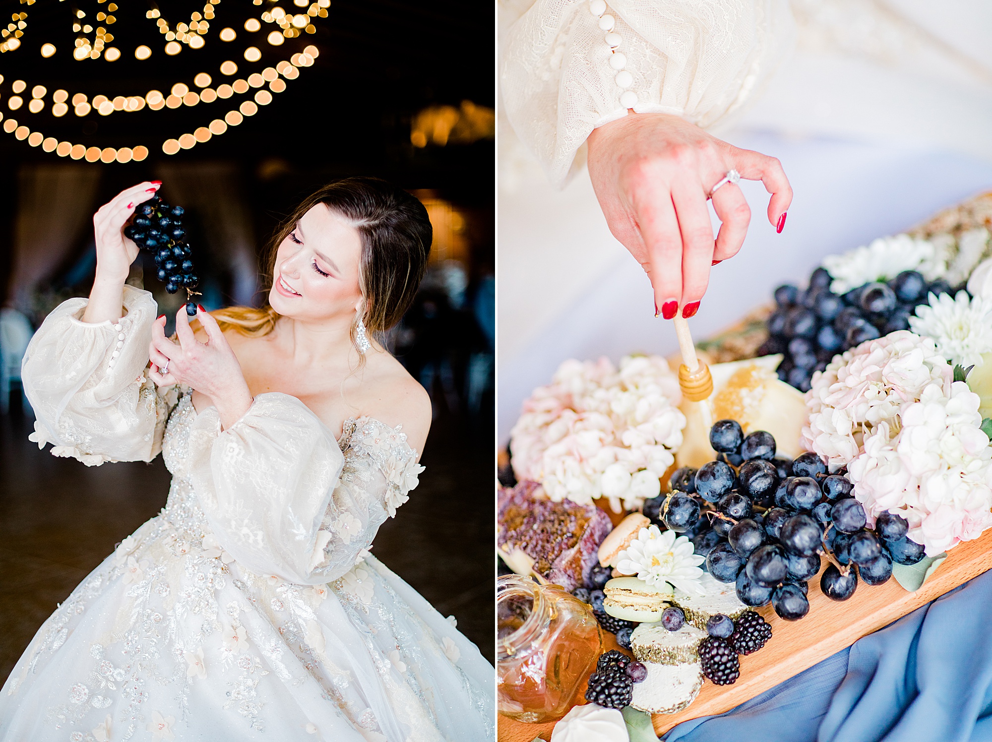 bride picks up food from charcuterie board