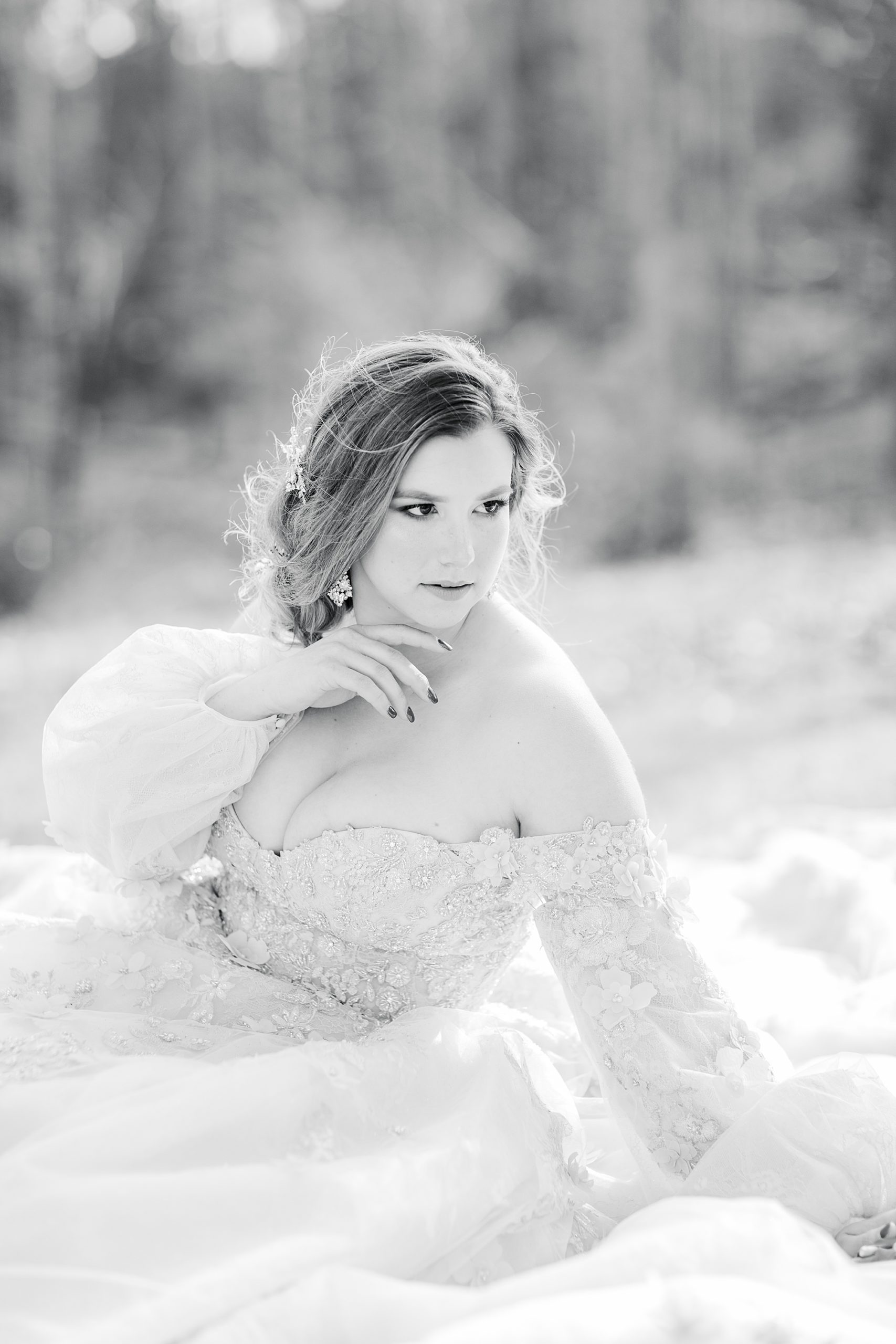 bride looks over shoulder during Carolina Country Weddings styled shoot