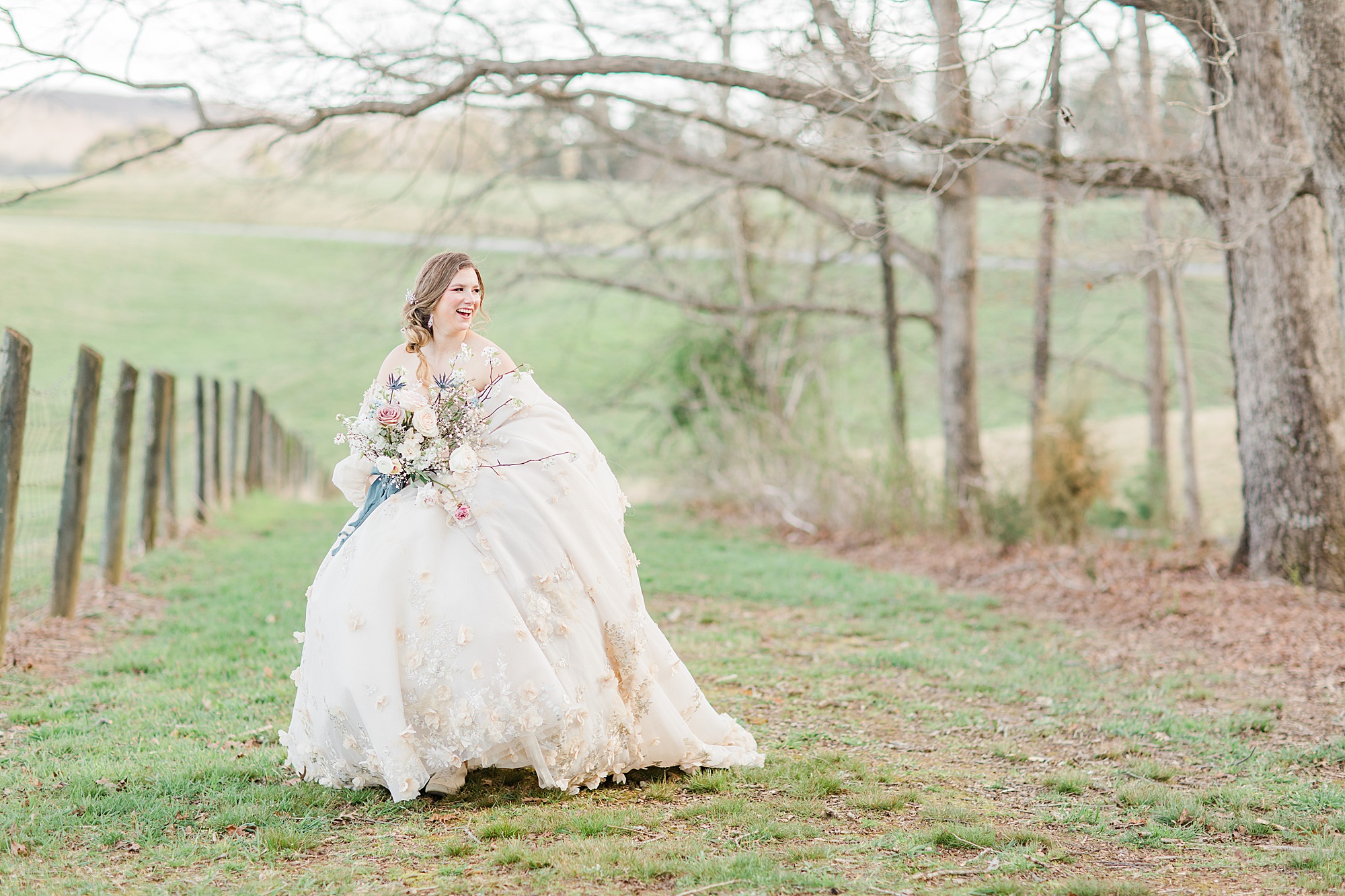 bride in ballgown walks along Carolina Country Weddings